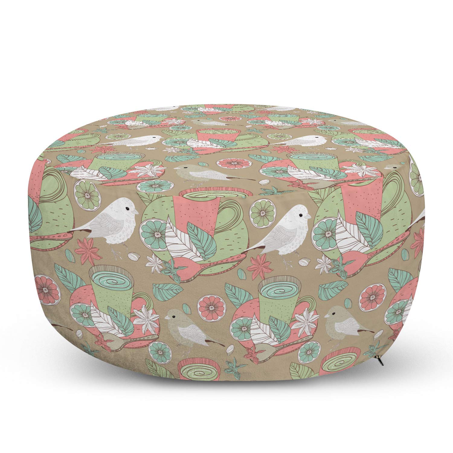 Ambesonne Natural Ottoman Pouf - Vintage Tea Cup Floral Design with Birds, Lemons & Leaves in Retro Colors | Soft Foot Rest with Removable Cover for Living Room & Bedroom | Pale Green Blush & Dusk Home Decor | Perfect for Cozy Reading Nooks & Boho Chic Spaces