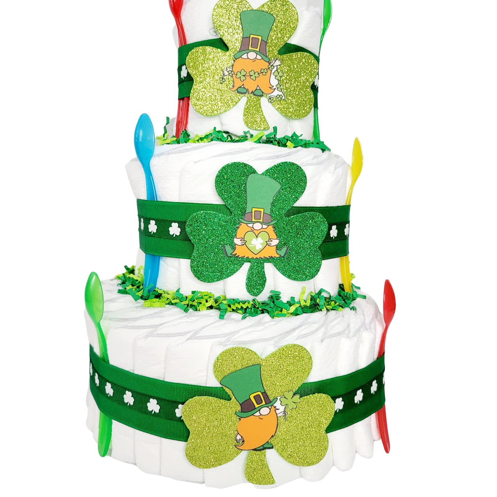 Irish Diaper Cake for Baby Shower & St. Patrick's Day - Handmade Green Diaper Tower with Shamrock Decorations | Perfect Gender Reveal Gift, Newborn Celebration & Holiday Party Decoration