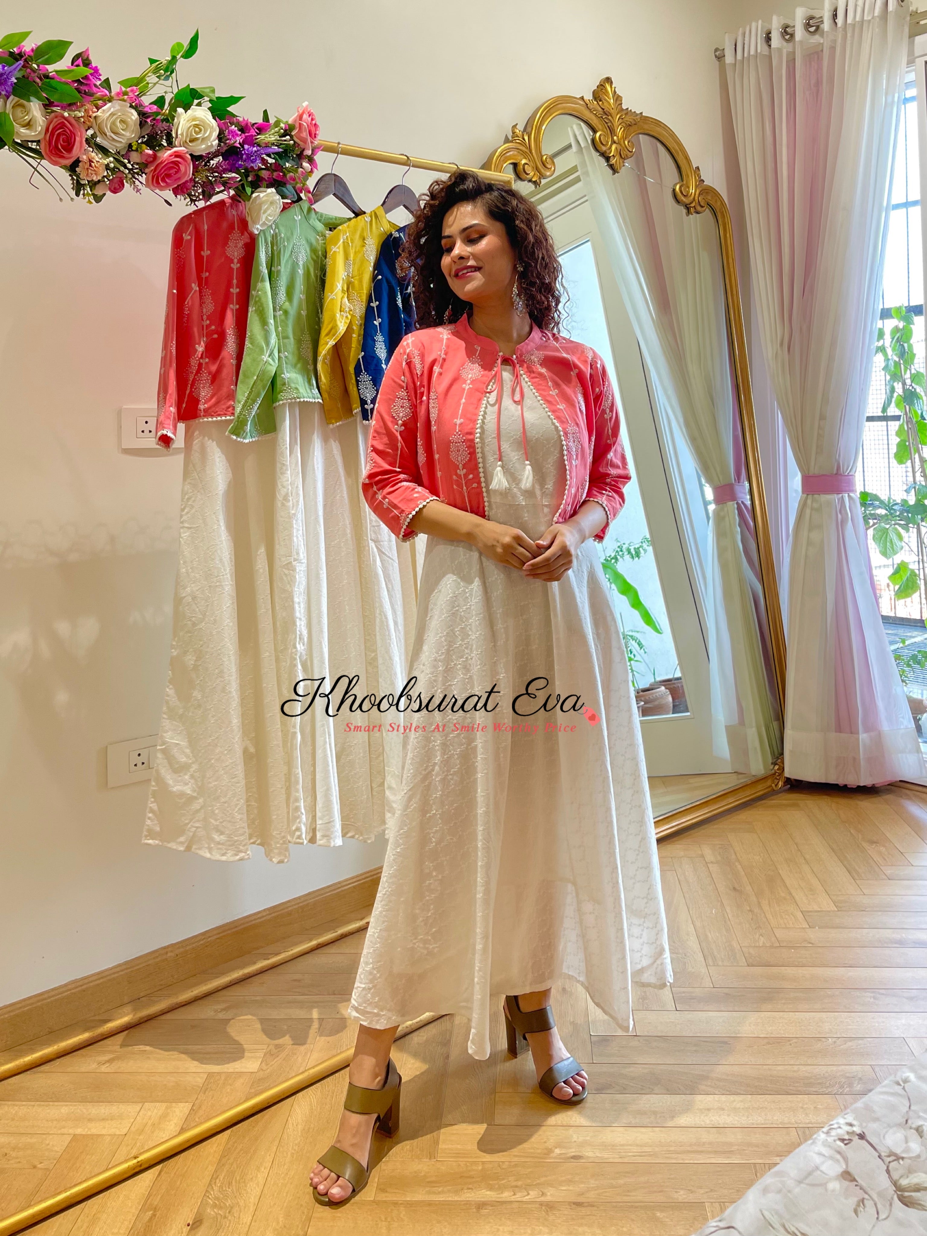Elegant Pink & White Embroidered Jacket and Maxi Dress Set (2-Piece) - Perfect for Weddings, Parties & Special Occasions