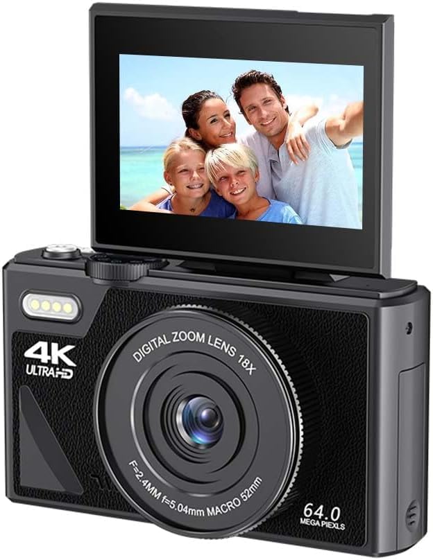 64MP 4K Digital Camera with 3'' Flip Screen & 32GB Card - 16X Zoom Vlogging Camera for YouTube, Photography, Travel and Content Creation - Perfect Gift for Beginners (Black)