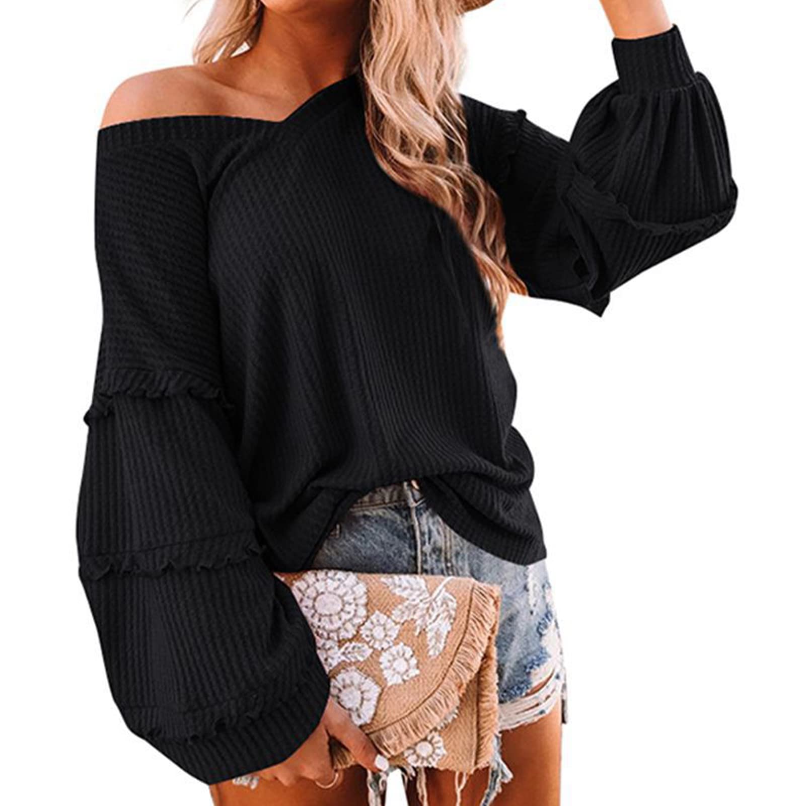 Women's Waffle Knit Long Sleeve Off-Shoulder V-Neck Blouse with Balloon Sleeves & Flounce Hem - Casual Fashion Sweater for Fall Layering, Date Night & Office Wear