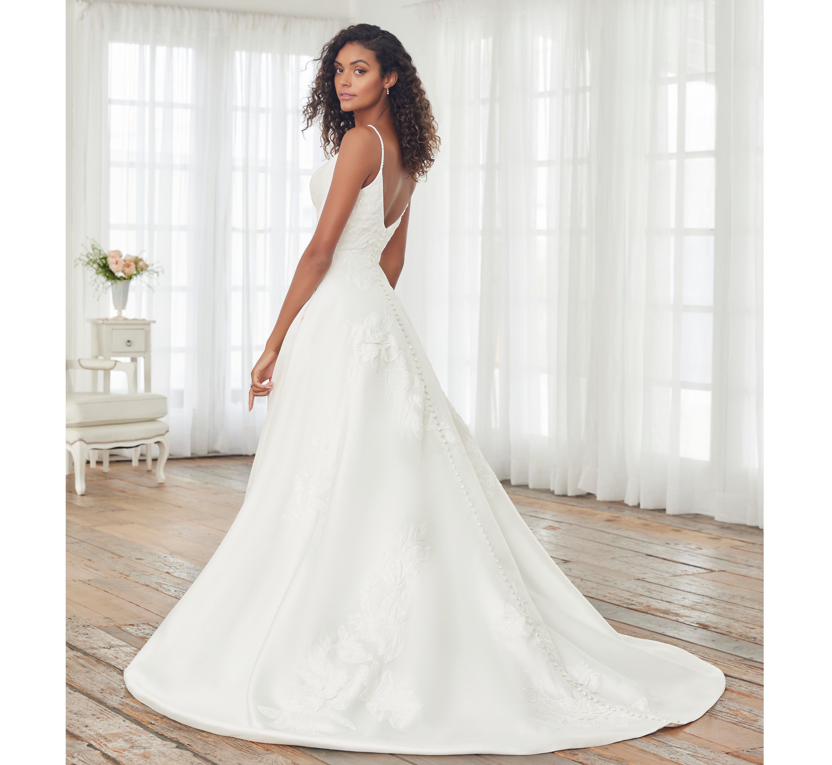 Ivory Nude Floral Beaded Mikado A-Line Wedding Gown - Perfect for Bridal, Formal Events & Evening Galas