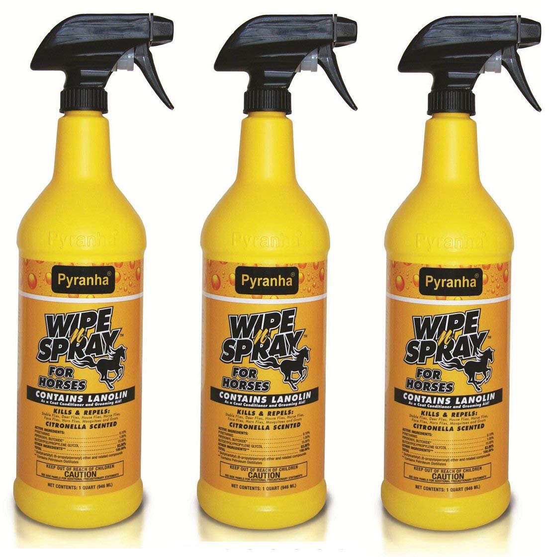Pyranha Wipe N Spray Fly Protection Spray for Horses – Citronella Scented | Kills & Repels Flies While Conditioning Hair | Provides Shine & Long-Lasting Protection | 3-Pack (Yellow) – Ideal for Trail Rides, Shows & Daily Stable Care (7823293)