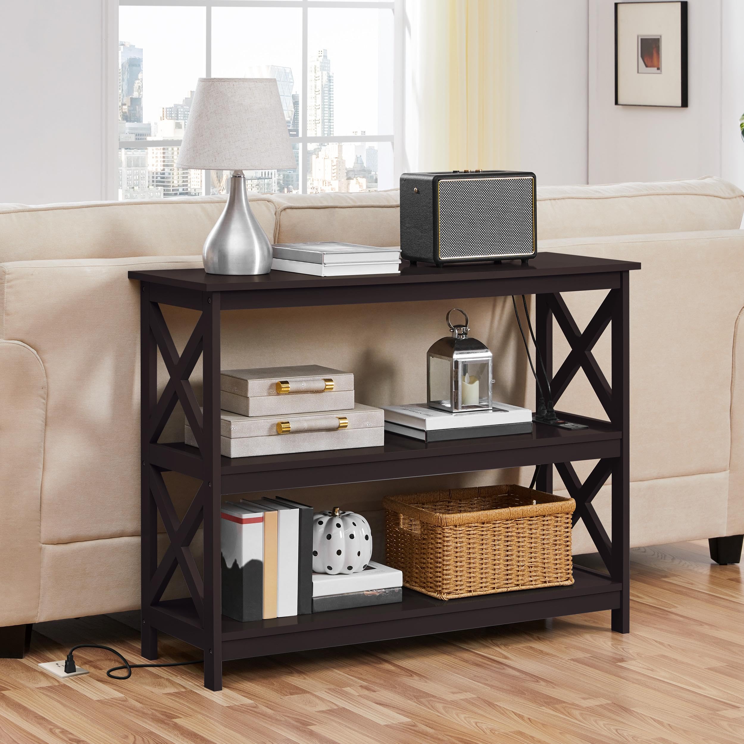 Yaheetech 3-Tier Narrow Console Table with Power Outlet & Storage Shelves - Wooden Entryway Sofa Table for Living Room, Hallway, Bedroom - Perfect for Small Spaces & Charging Devices