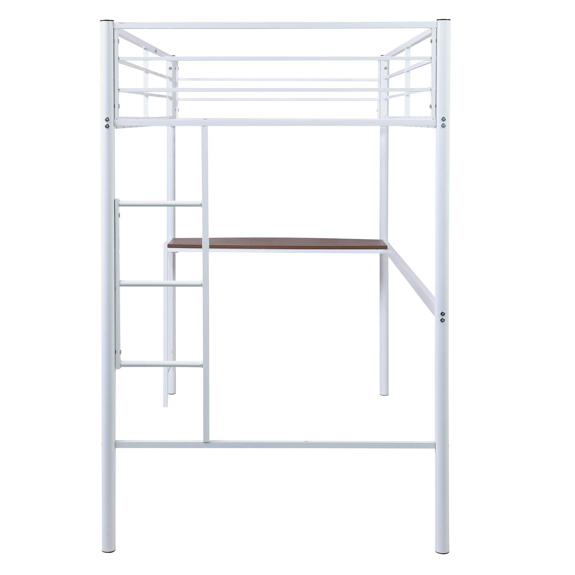 P PURLOVE Twin Size Metal High Loft Bed with Desk & Shelf - Sturdy Space-Saving Loft Bed for Kids & Teens - No Box Spring Needed - Perfect for Small Bedrooms, Dorms & Studio Apartments