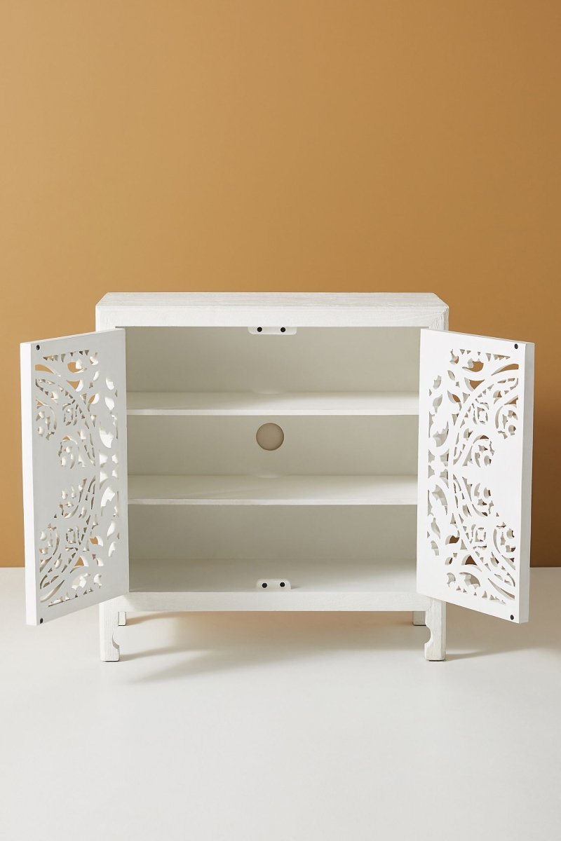 Hand Carved White Lombok Entryway Cabinet - Handmade Wooden Storage Unit with 3 Shelves | Solid Teak Wood Hallway Organizer for Shoes, Keys & Decor | Perfect for Entryway, Foyer & Living Room Storage