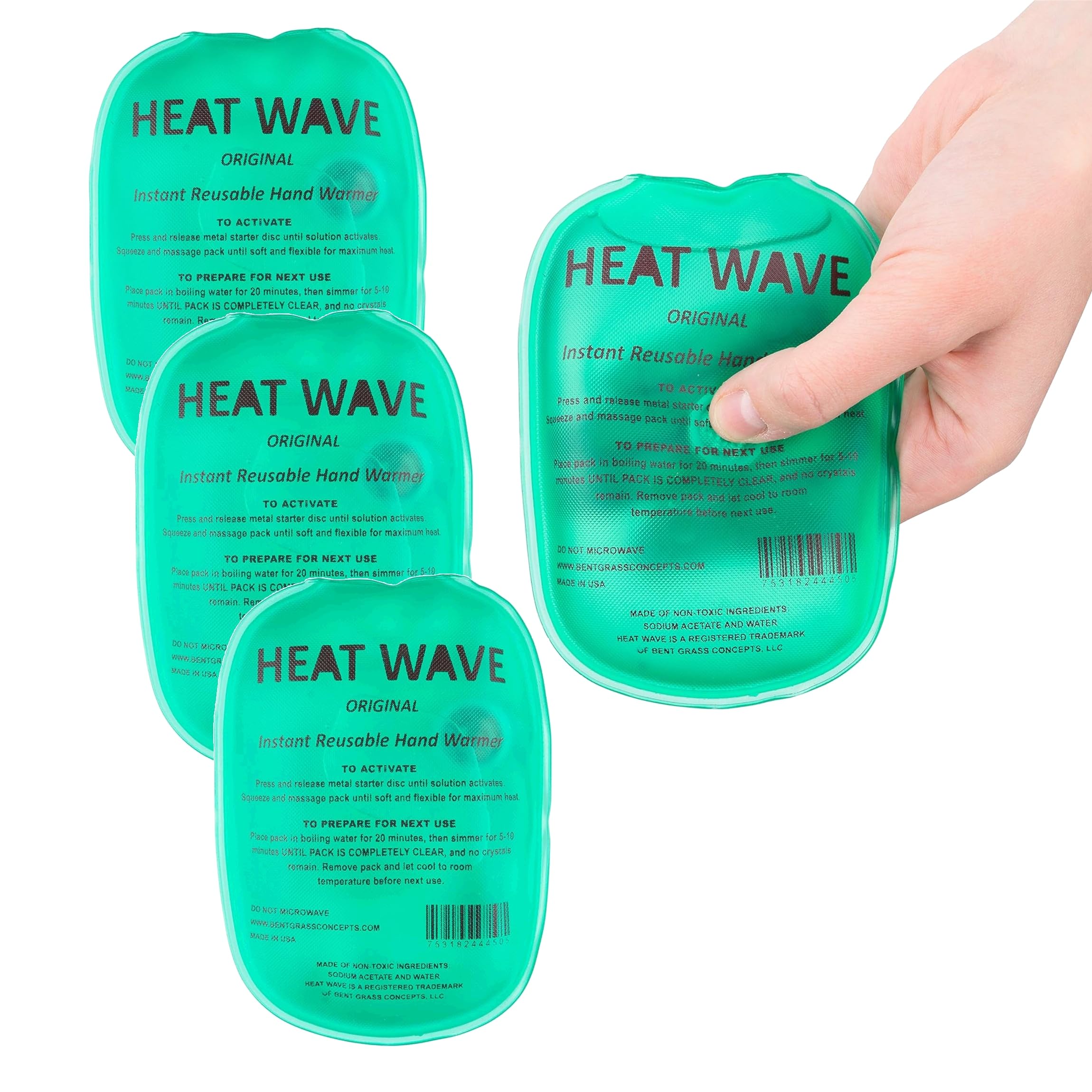 Instant Heat Hand Warmer 3x5 Reusable - Small Green (4 Pack) for Outdoor Activities, Skiing, Hunting & Winter Sports