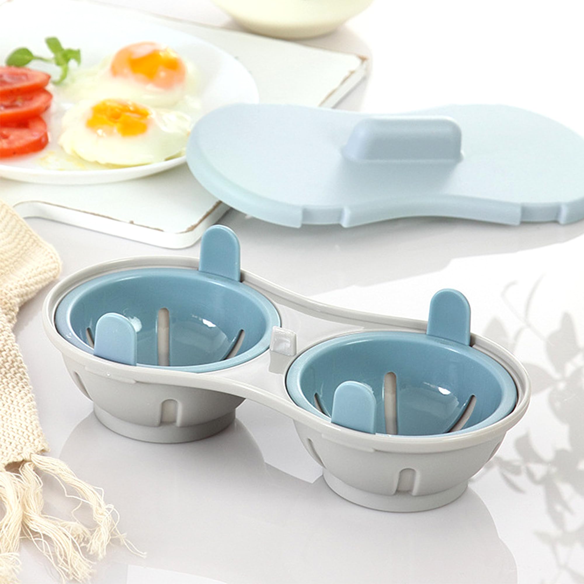 2 Cavity Microwave Egg Cooker - Double Row Poached Egg Maker for Quick Breakfast - Light Blue Kitchen Cooking Gadget - Perfect for Home, Office & Camping Meals