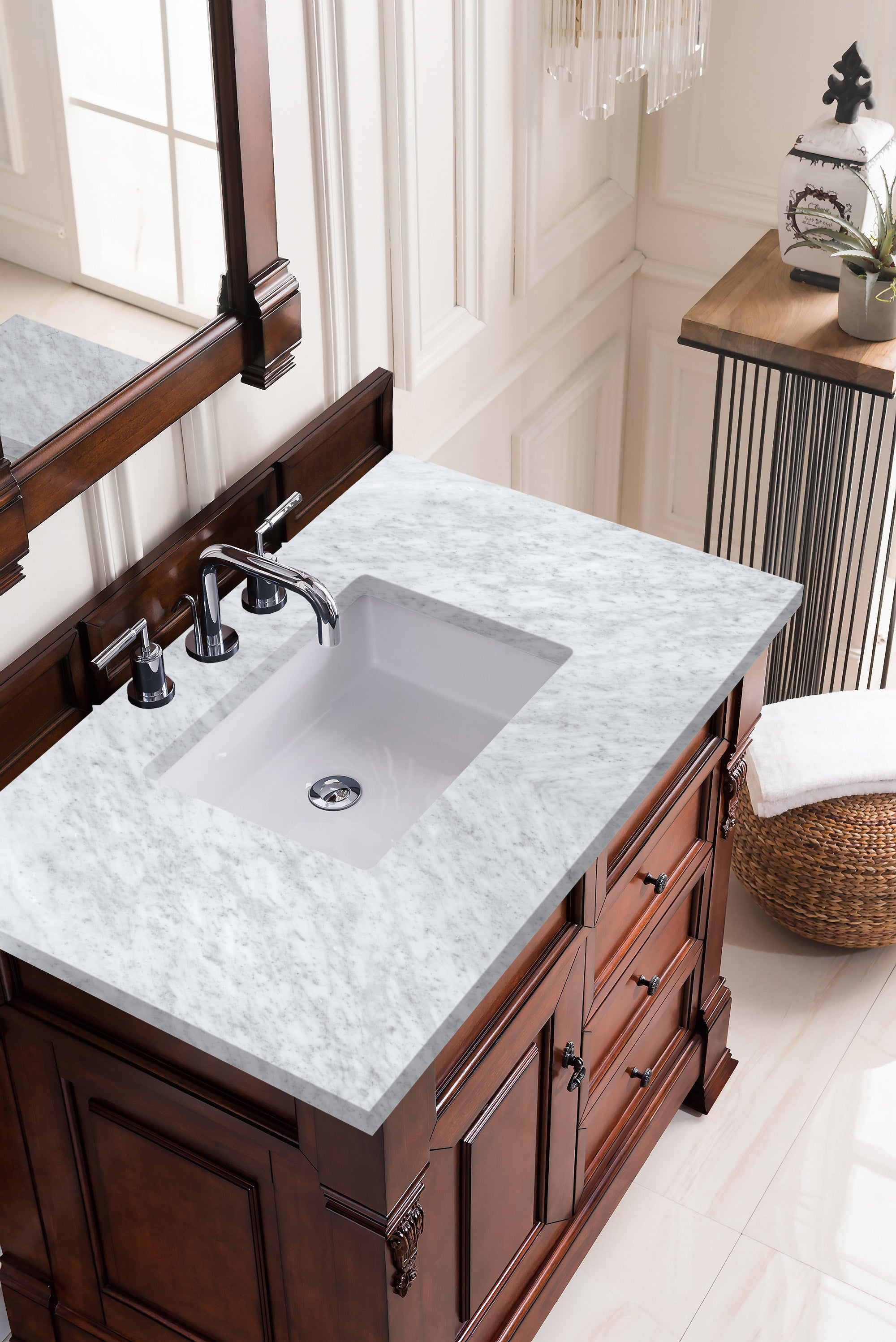 Brookfield 36 Inch Single Bathroom Vanity with Warm Cherry Finish & 3CM Carrara Marble Top - Perfect for Modern Master Bathrooms and Powder Rooms