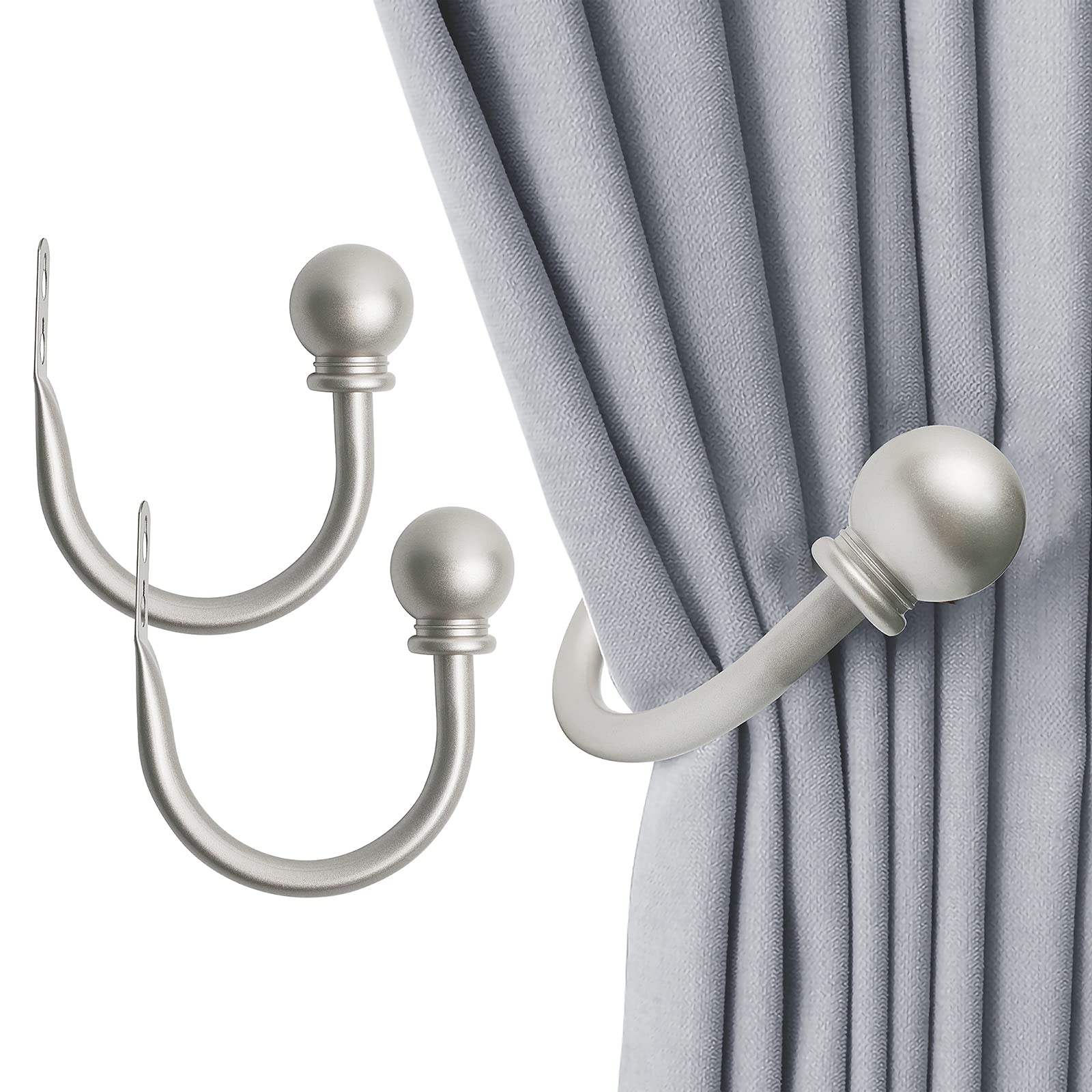 2 Pack Decorative Curtain Hooks for Drapes - Wall Mounted Drapery Holdbacks with Screws - Silver Finish for Bedroom, Living Room & Office - Perfect for Sheer & Heavy Curtains, Home Decor & Window Treatment
