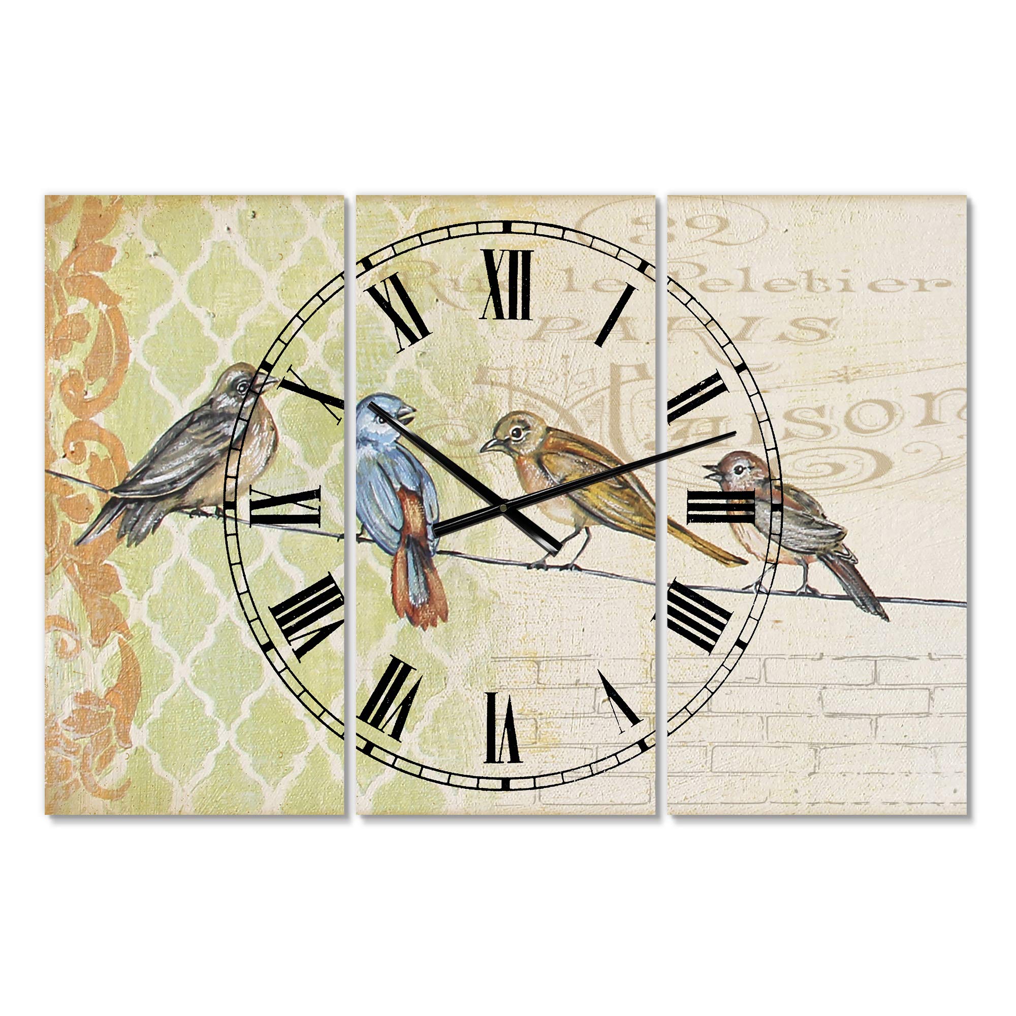 DesignQ Cottage Wall Clock 'Birds Gathered On Wire Paris II' - 12 Inch Round Blue Vintage Wall Clock for Bedroom, Living Room & Kitchen Decor - Perfect for Farmhouse, Rustic & French Country Home Décor