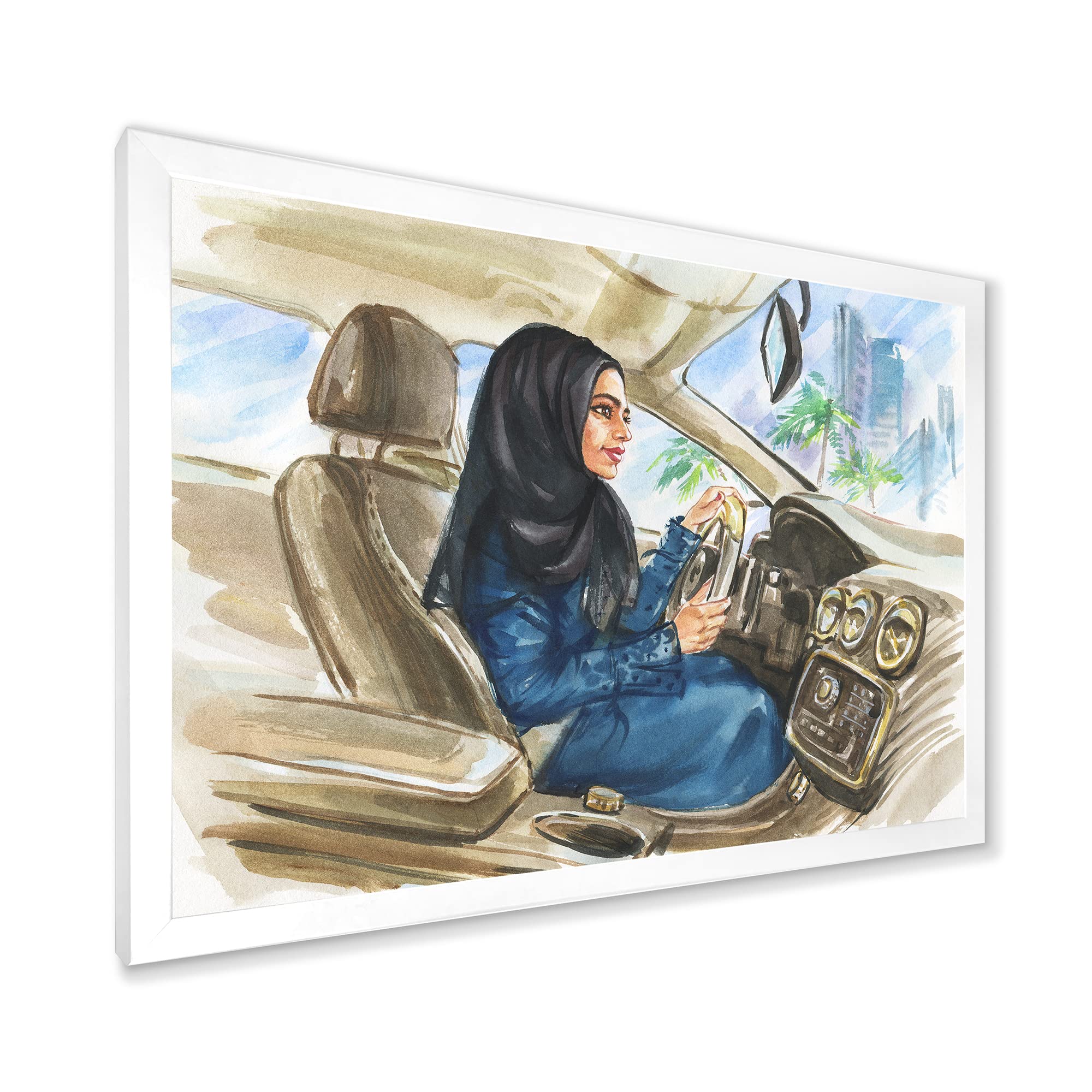 DesignQ Arabian Woman Driving A Car - Modern Framed Wall Art Decor for Living Room, Bedroom & Office - Premium Canvas Print Home Decor