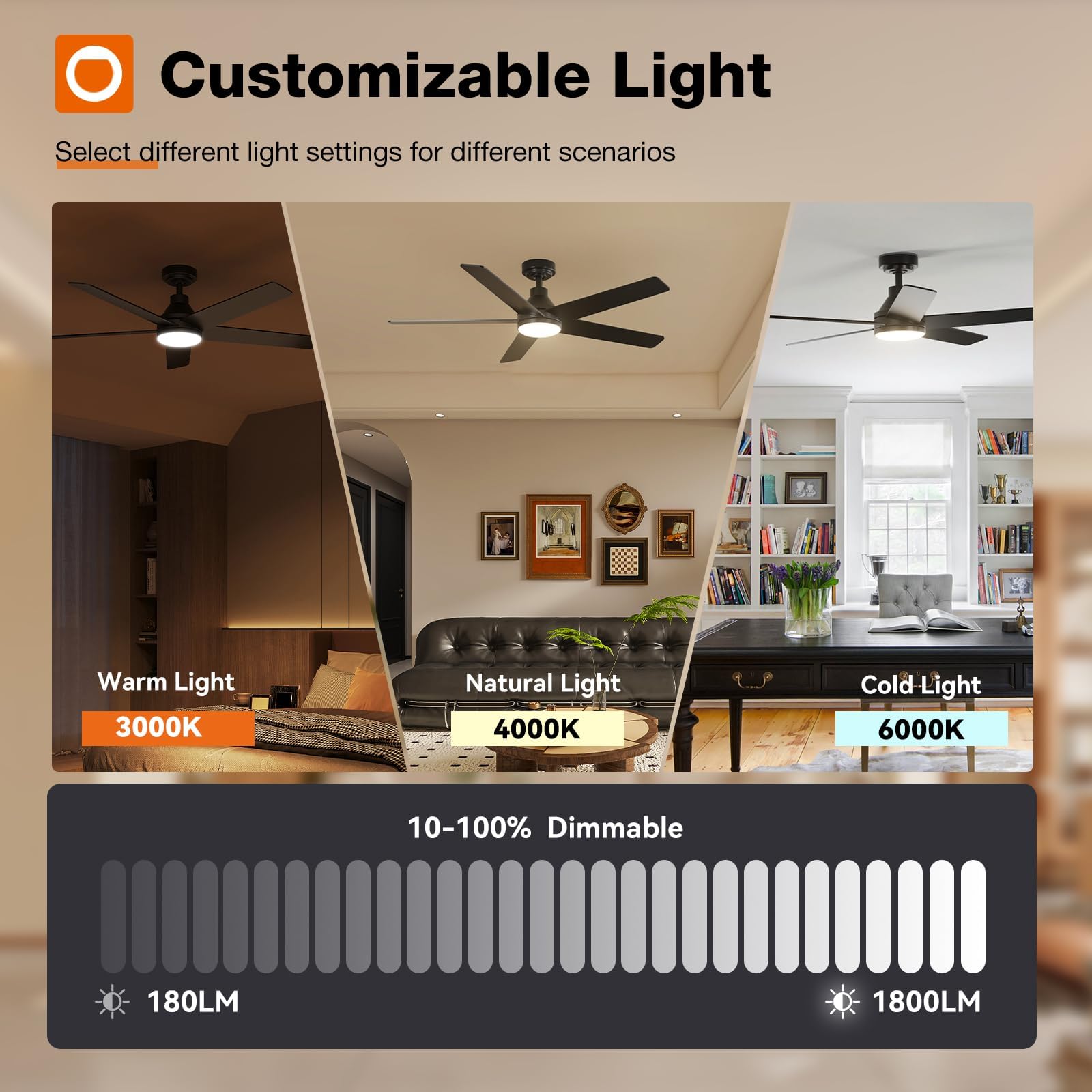52 Inch Black Ceiling Fan with Lights and Remote Control - Reversible, Dimmable, Noiseless 3CCT LED - Indoor/Outdoor Use for Bedroom, Living Room, Patio & Covered Porch
