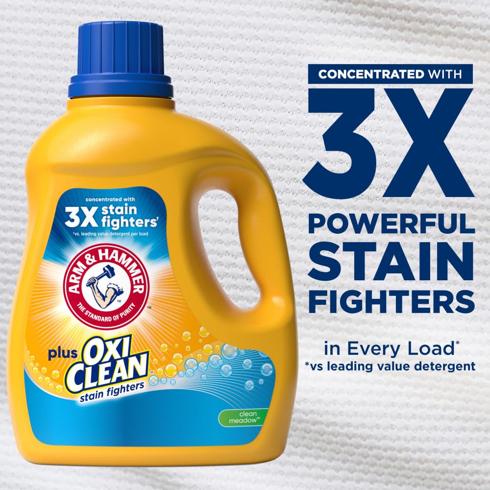 Arm & Hammer Plus OxiClean Clean Meadow Liquid Laundry Detergent - 77 Loads, 100.5 fl oz - Fresh Scent for Clothes, Sheets & Towels - Ideal for Families & Large Laundry Loads