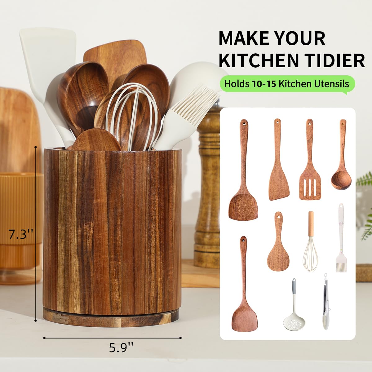 360° Rotating Acacia Wood Utensil Holder - 7.3