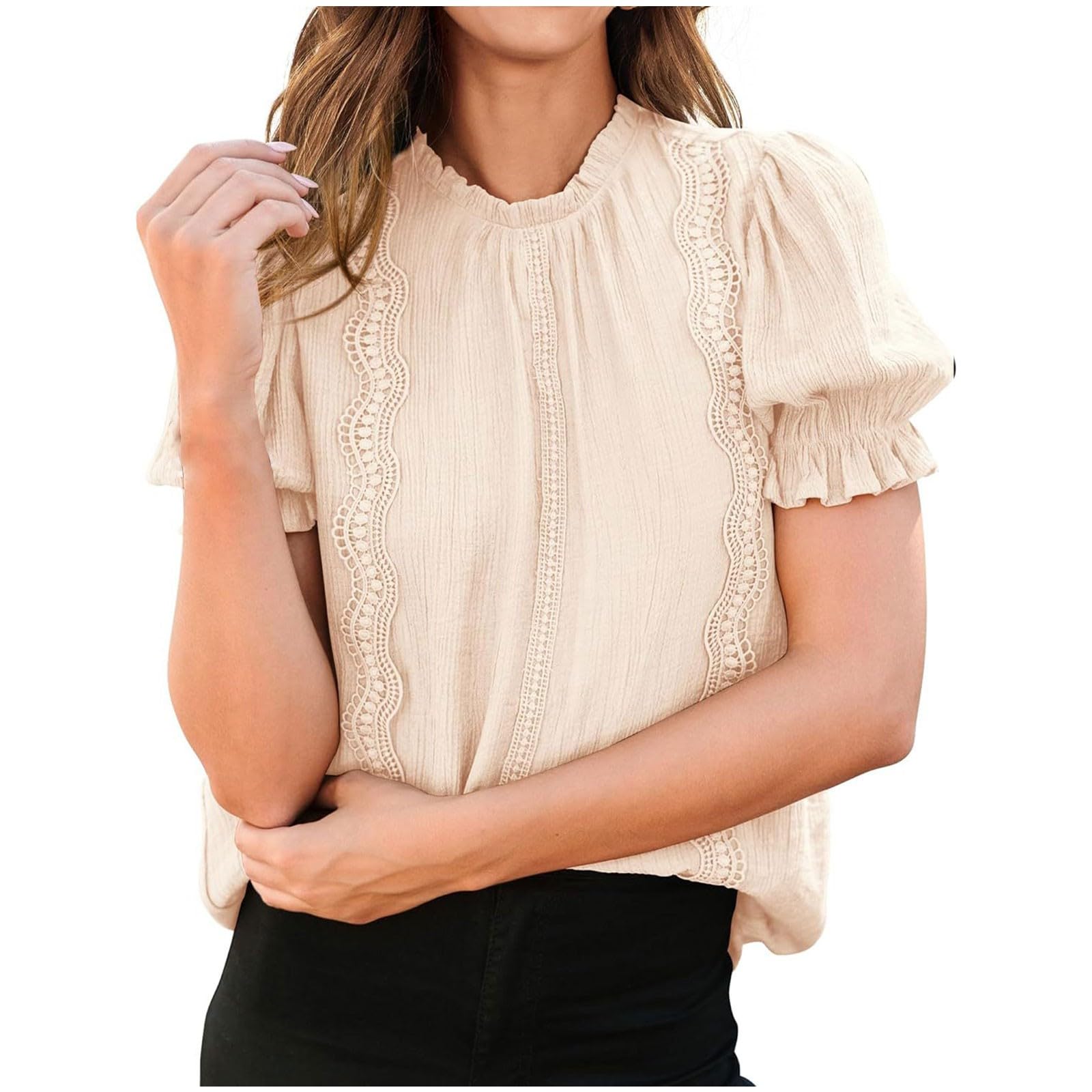 Women's Short Sleeve Lace Patchwork Blouse - Crew Neck Dressy Casual Top for Summer 2024 | Trendy Vacation Shirt for Beach, Party & Everyday Wear
