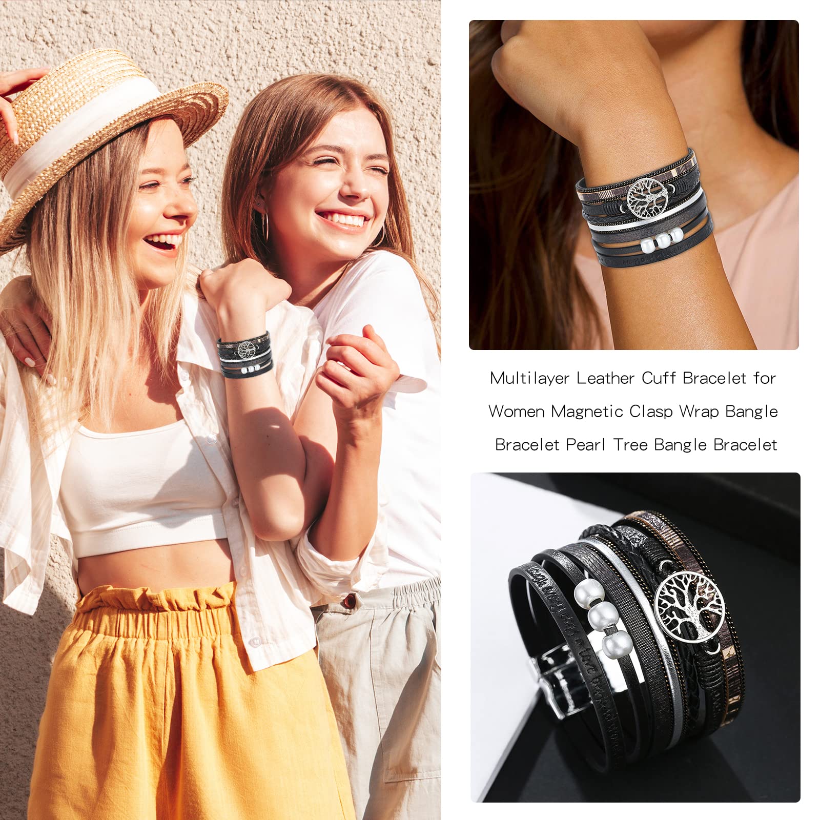 Trendy Boho Leather Wrap Bangle Bracelets for Women - Stackable Crystal Bead Bracelet Set - Valentine's Day, Birthday & Anniversary Gifts - Perfect for Everyday Wear, Layering & Special Occasions