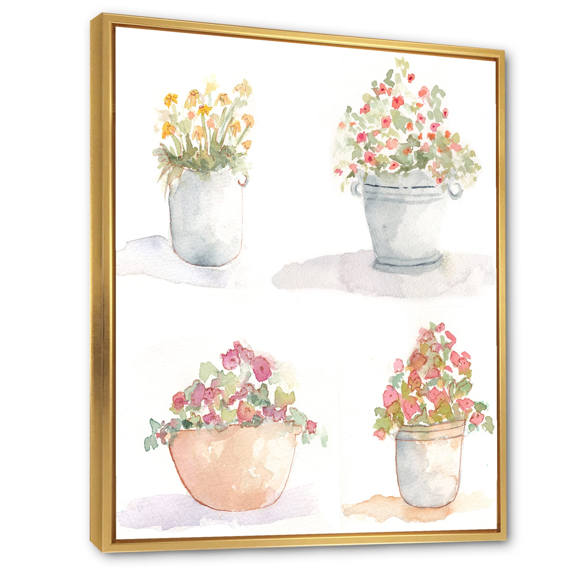 DesignQ Four Outdoor Flower Pots - Traditional Framed Canvas Wall Art Print for Home & Garden Decor | Perfect for Living Room, Bedroom, Patio