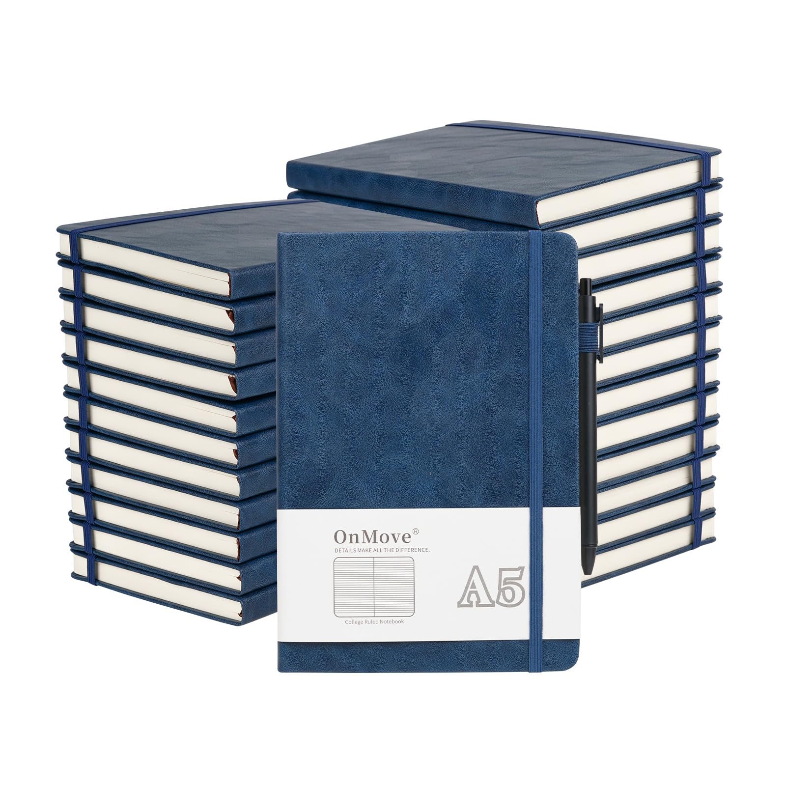 24 Pack Bulk A5 Leather Hardcover Notebooks with Pen Holder - 160 Pages, 100 GSM Thick Lined Paper - Navy Blue Journals for Work, School & Office Use - Perfect for Note Taking, Journaling & Daily Planning