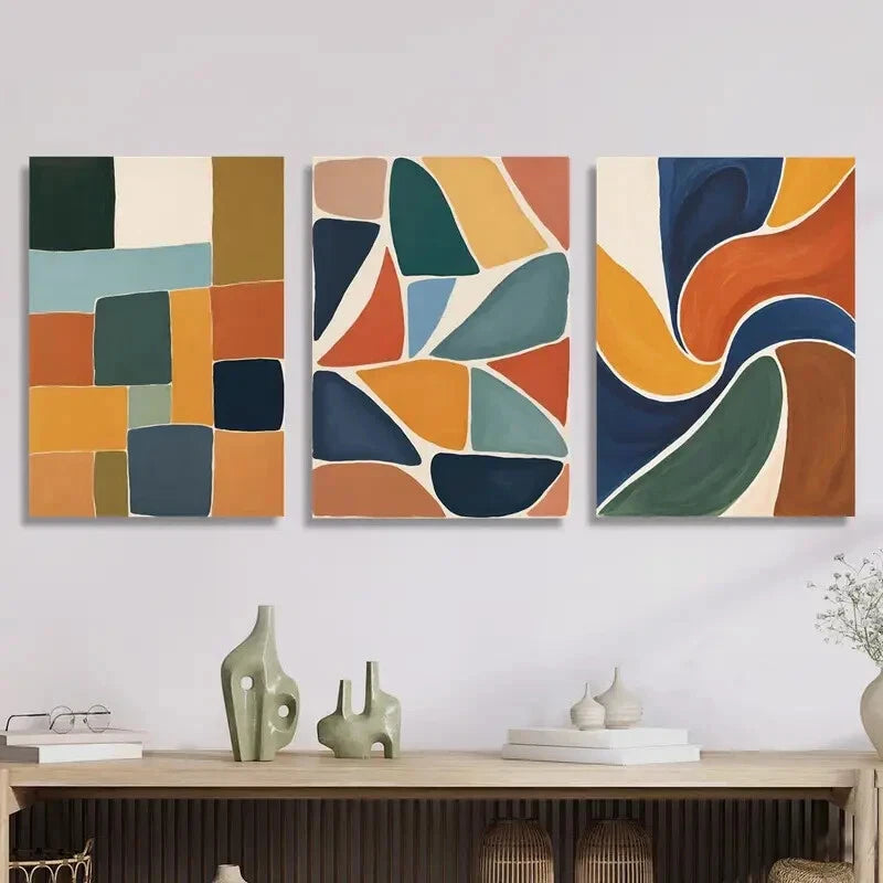 3-Piece Retro Abstract Multi-Color Block Metal Wall Art - Ready to Hang Canvas Prints for Living Room, Bedroom & Office Decor