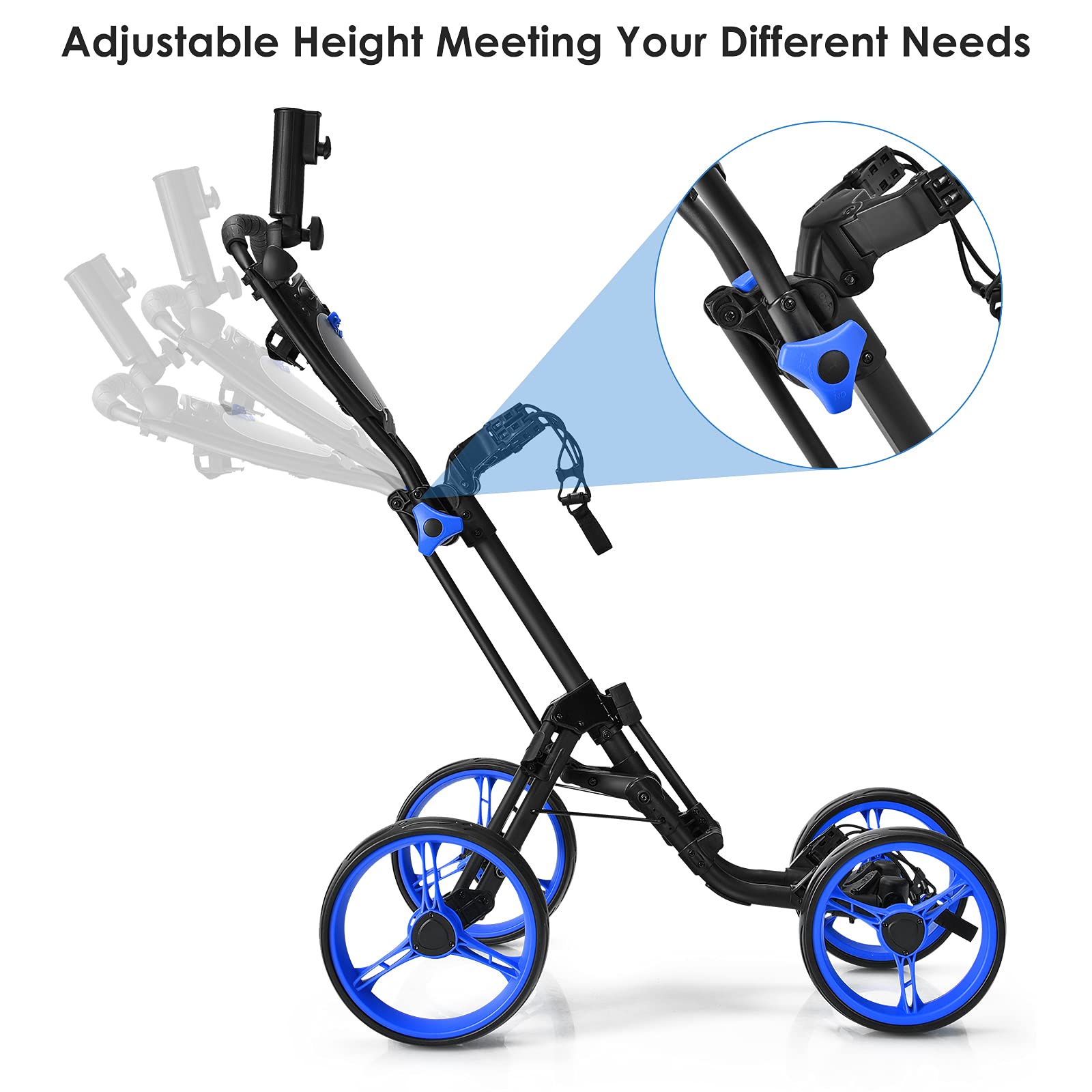 GYMAX 4 Wheel Folding Golf Push Cart - Adjustable Height, Lightweight & Portable Golf Trolley with Umbrella Holder, Cup Holder & Foot Brake - Perfect for Adults & Teenagers on the Golf Course, Driving Range or Practice Sessions