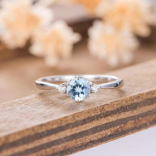 Vintage Aquamarine Engagement Ring for Women - Art Deco Birthstone Curved Crown Bridal Ring - Unique Milgrain Jewelry with Diamond Accents - Anniversary & Wedding Gift for Her - Perfect for Proposals, Bridal Sets, and Special Occasions