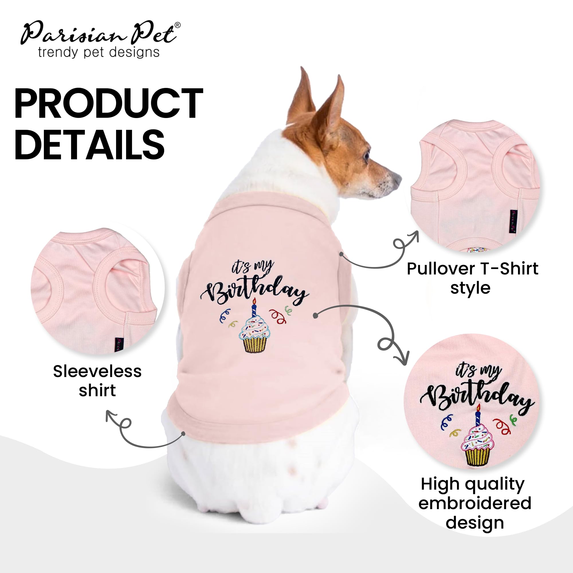 Parisian Pet Dog T-Shirt with Embroidered 'It's My Birthday' - Sleeveless Lightweight Dog Vest for Large Dogs - Washable Pink Birthday Outfit for Female Dogs | Perfect for Birthday Parties, Photo Shoots & Special Occasions
