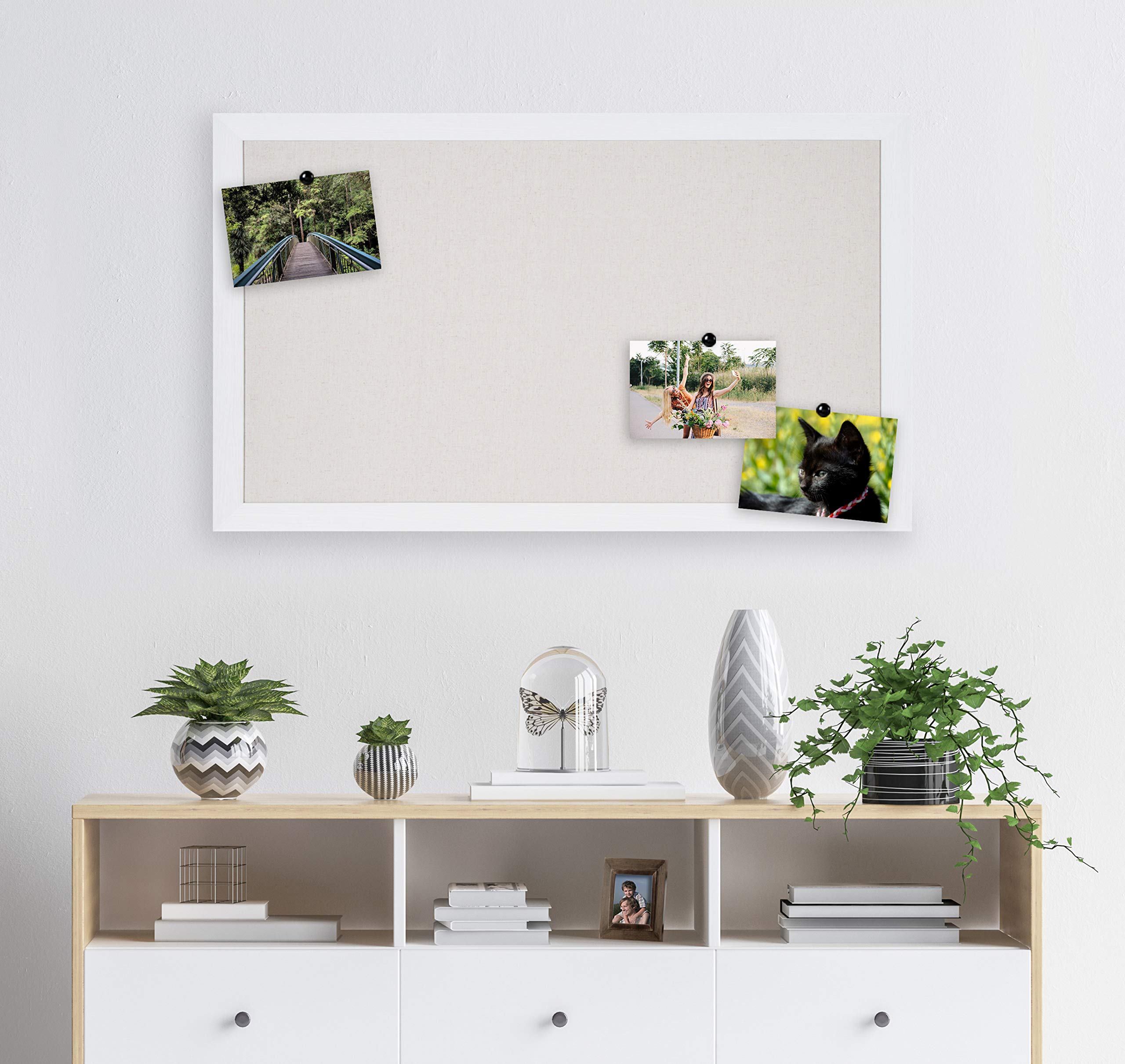 DesignOvation Beatrice Framed Linen Fabric Pinboard - 27x43 Inch White Rustic Coastal Memo Board for Home Office & Kitchen Organization - Perfect for Notes, Photos & Wall Decor