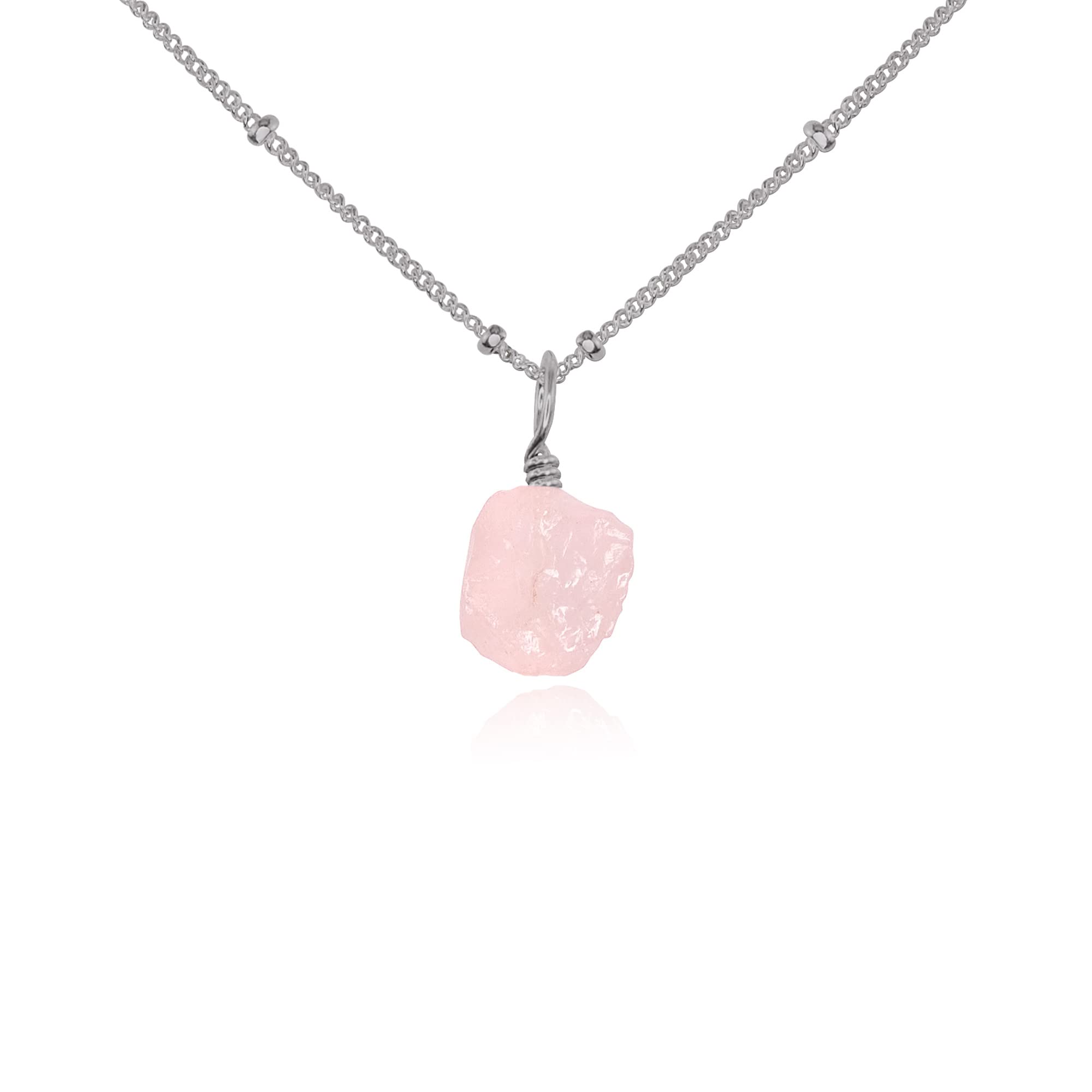 Rose Quartz Raw Crystal Pendant Necklace - Stainless Steel Satellite Chain - Healing Stone Jewelry for Women - Perfect for Meditation, Yoga & Spiritual Gifts
