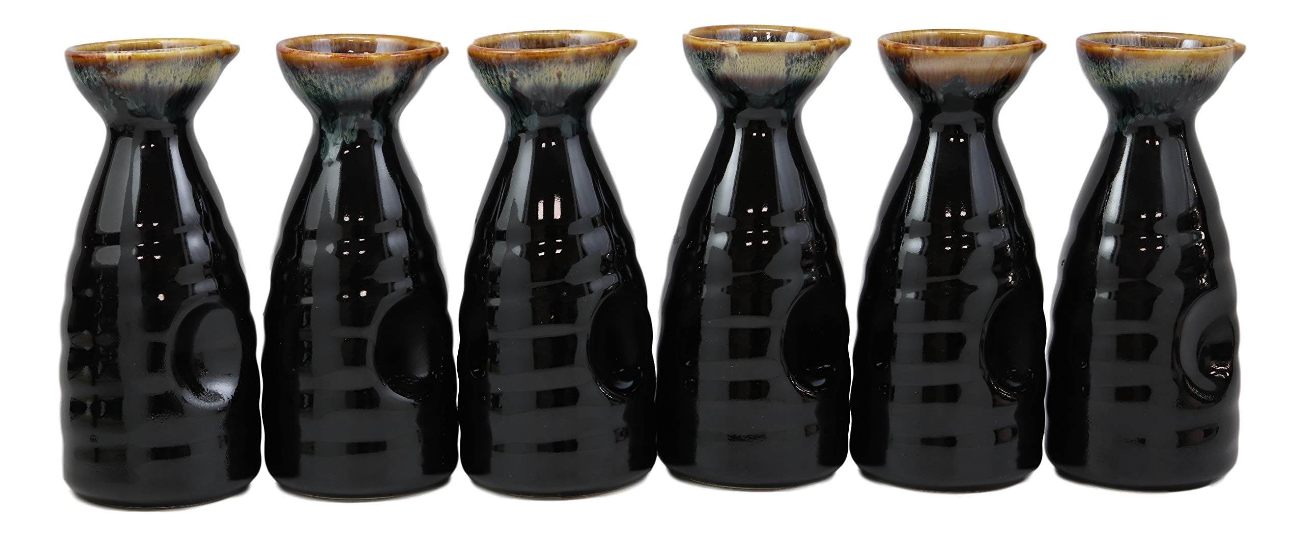 Ebros Gift Set of 6 Contemporary Brown & White Glazed Ceramic Japanese Sake Tokkuri Flasks with Heaven and Earth 'Ten To Ji' Design - Perfect for Sake Serving, Home Bar Decor, and Asian Dining Experience