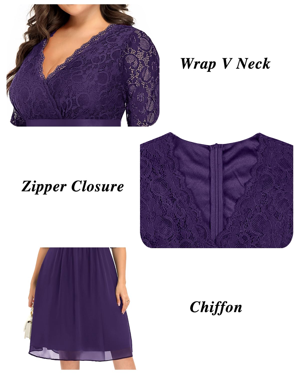 Plus Size Lace Chiffon Wrap V-Neck Cocktail Dress for Women - Elegant Wedding Guest & Party Midi Dress - Perfect for Bridal Showers, Date Nights and Special Occasions