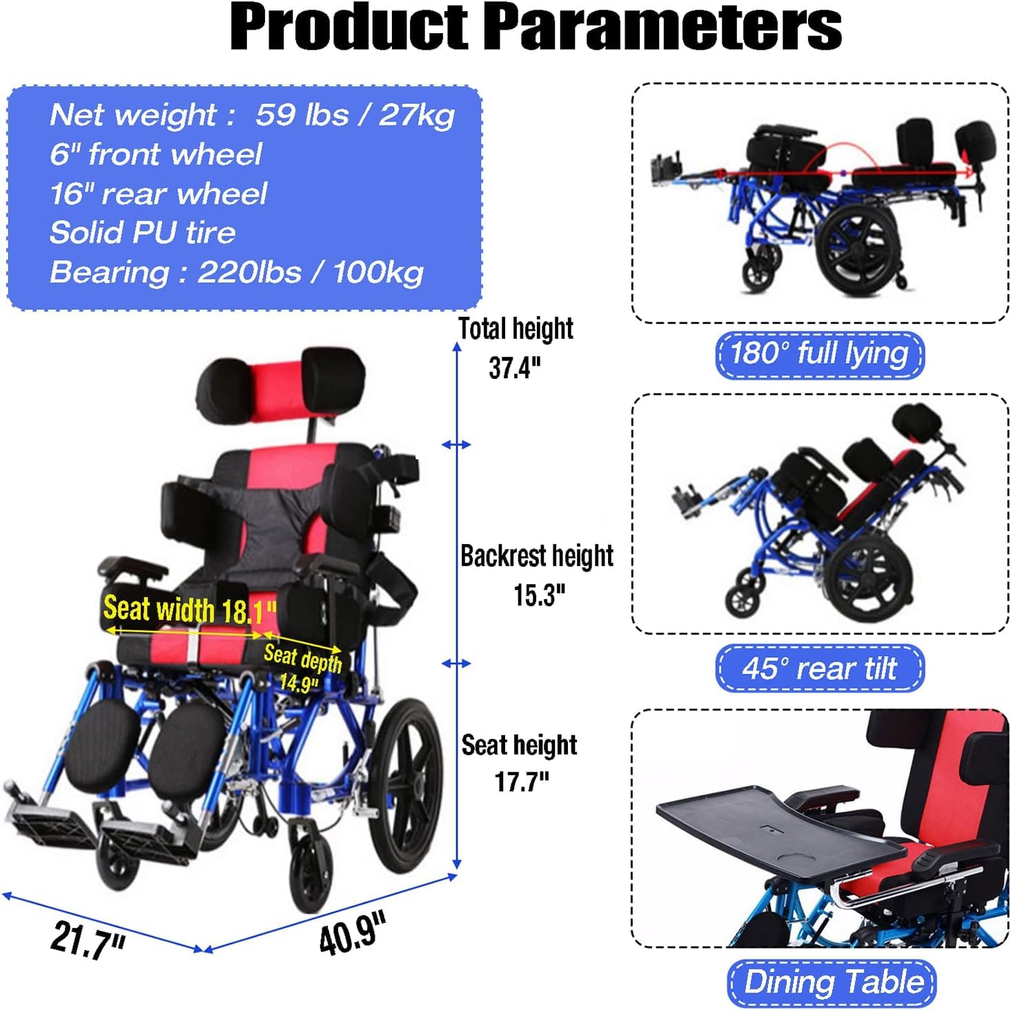 Lightweight Aluminum Alloy Fully Reclining Wheelchair for Adults & Children - High Back Support with Seat Belt & Removable Tray - Ideal for Stroke Recovery, Hemiplegia, Cerebral Palsy & Daily Mobility Assistance