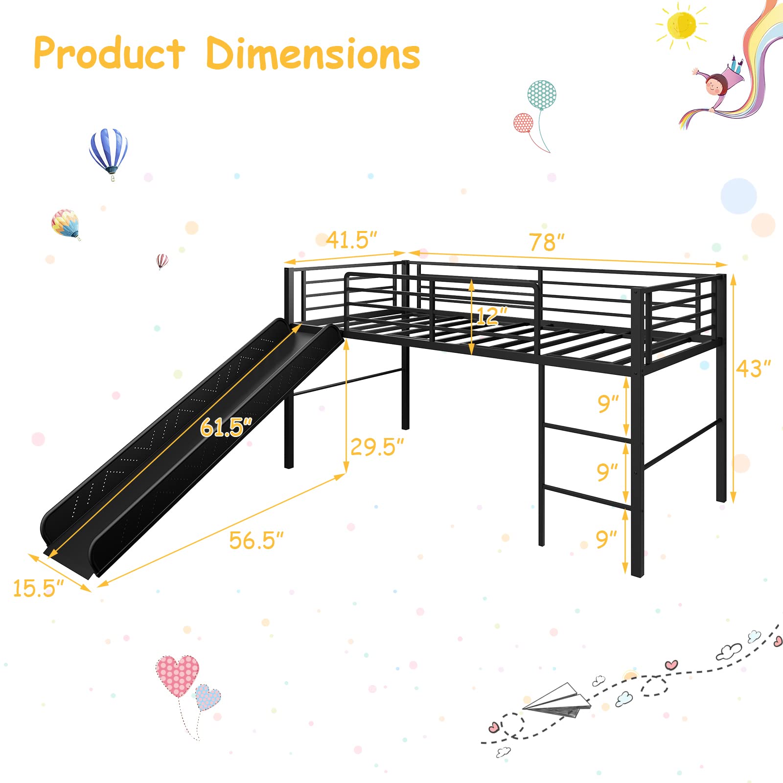 Giantex Twin Loft Bed with Slide - Sturdy Metal Low Bunk Bed for Kids with Safety Guardrails & Built-in Ladder - Toddler Bed Floor Frame for Boys & Girls - No Box Spring Needed - Perfect for Small Bedrooms & Shared Kids' Rooms (Black)