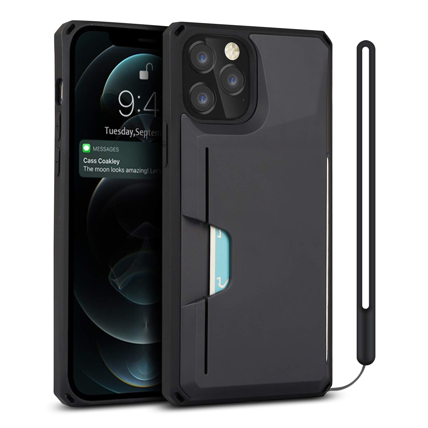 QLTYPRI Slim Wallet Case for iPhone 12 Pro Max (6.7 inch) - Black | Hard PC Back Cover with Credit Card Holder Slots, Built-in Kickstand & Wrist Strap | Protective Phone Case for Everyday Use, Travel & Business