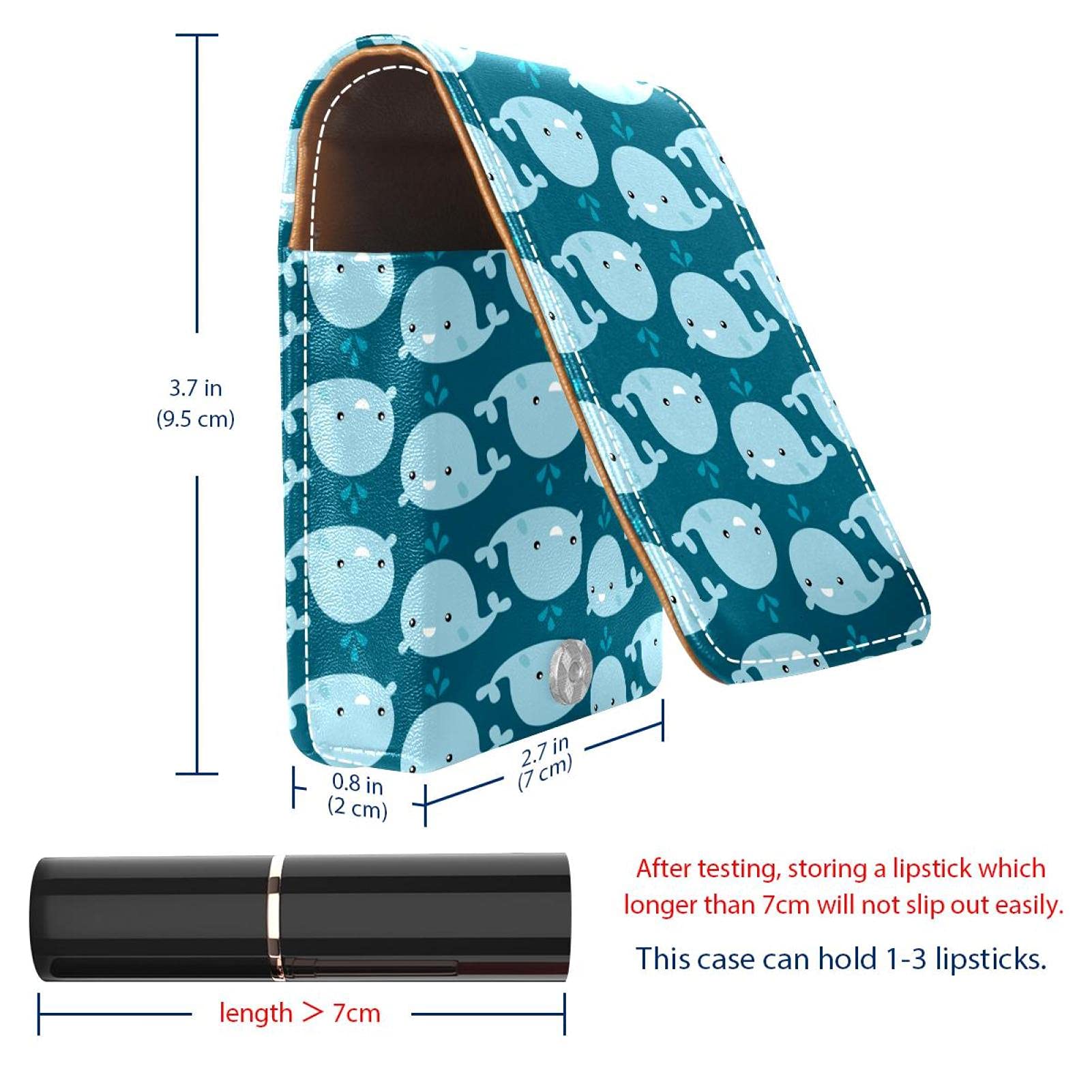 Whale Print Portable Lipstick Holder with Mirror - Cute Mini Makeup Organizer for Women (Holds 3 Lipsticks) - Perfect for Travel, Purse & On-the-Go Touch Ups