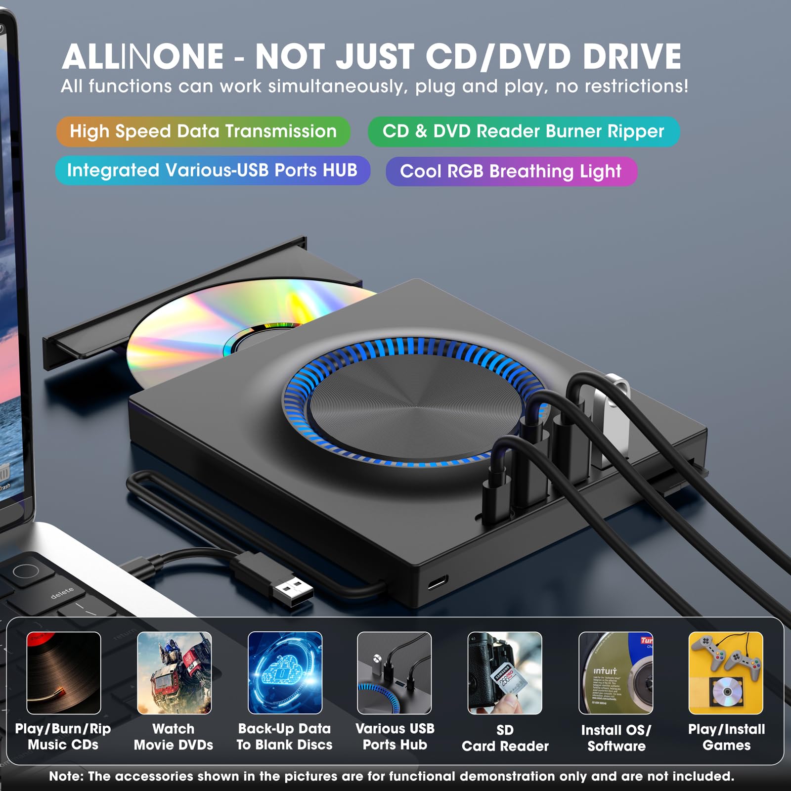 ROOFULL External DVD Drive with USB 3.0 & USB-C Hub - Portable CD/DVD Burner Player with SD Card Reader - Compatible with Mac, Windows 11/10/8/7, Linux PCs - Perfect for Laptop Data Backup, Movie Playback & File Transfer
