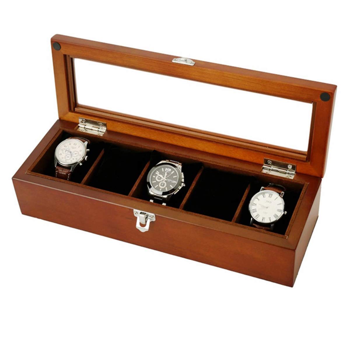 BYCDD Wooden Watch Box Organizer - 5-Slot Watch Case with Removable Pillows, Jewelry Display Storage for Men & Women (Coffee) - Perfect for Watch Collection, Gift Giving & Travel Accessories