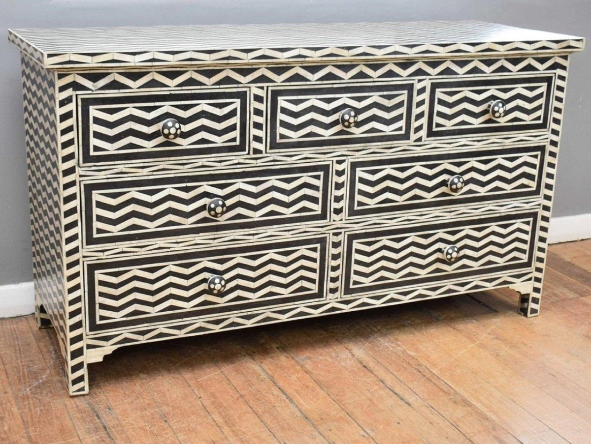 Handmade Bone Inlay Dresser with 7 Drawers - Zig Zag Pattern Boho Bedroom Furniture for Storage & Organization