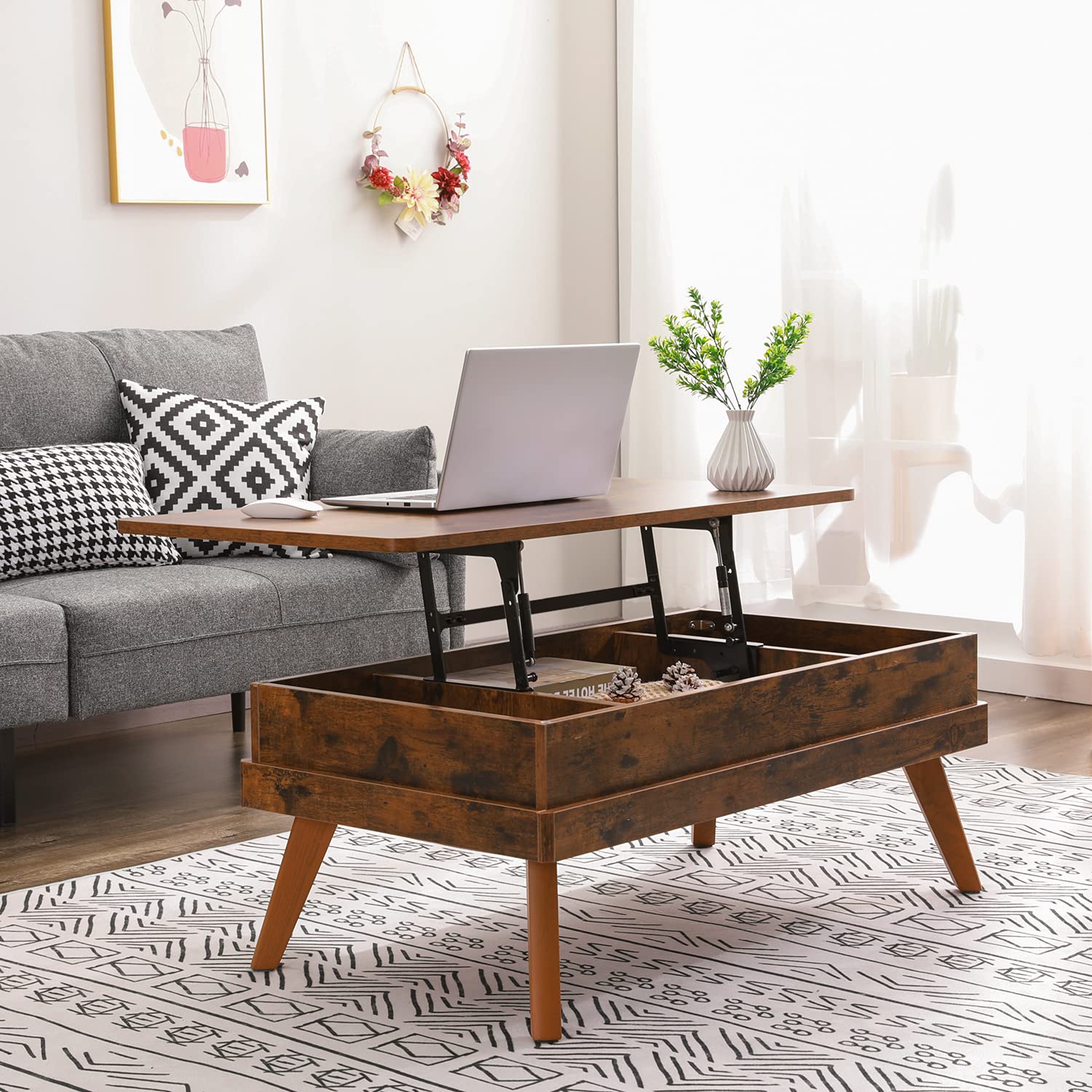 Lift Top Coffee Table with Hidden Storage - Easy to Assemble Industrial Style Center Table for Living Room, Home Office & Reception - Rustic Brown Finish | Perfect for Small Spaces, Entertaining & Multi-Functional Use