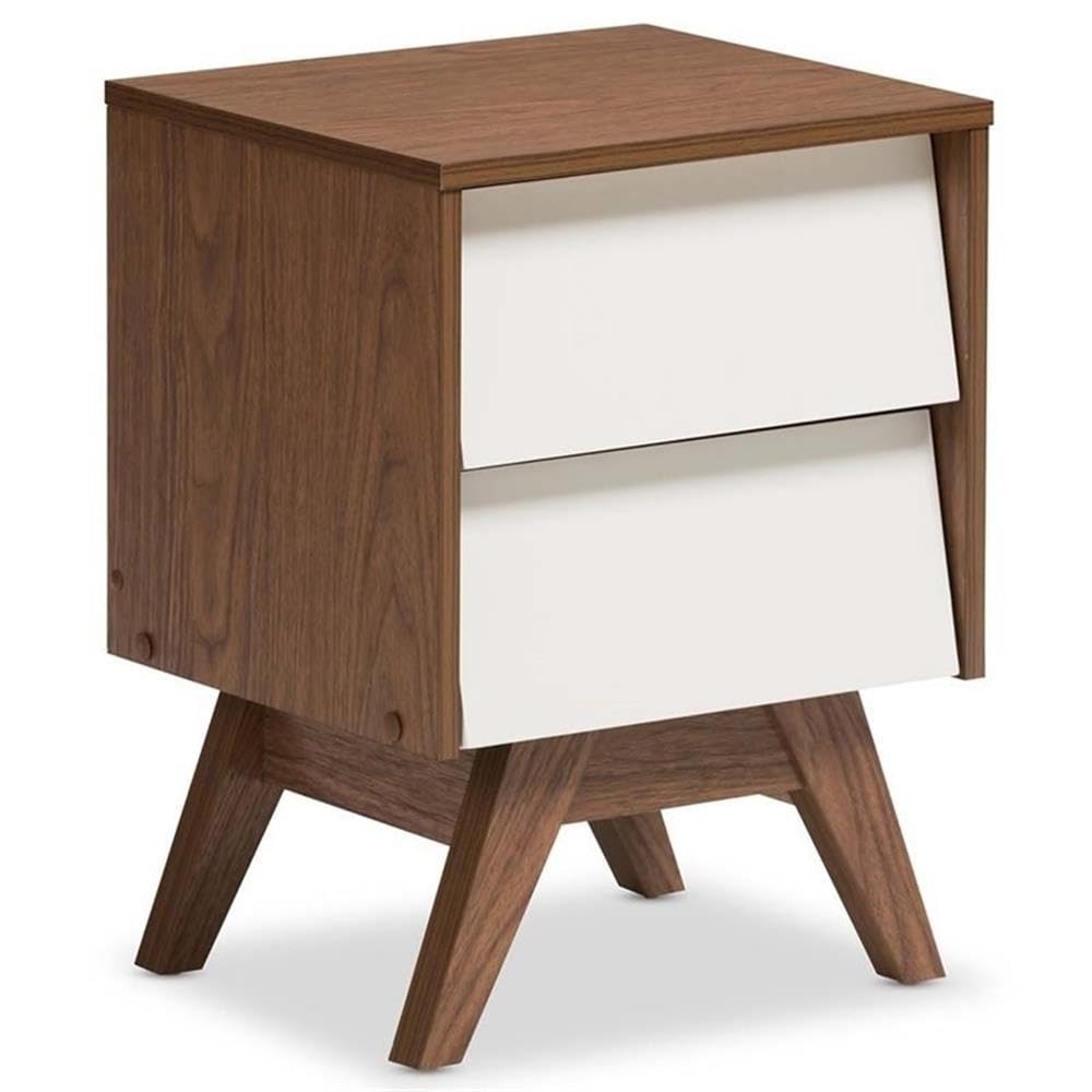 MAKLAINE Modern 2-Drawer Nightstand - White & Walnut Brown Wood Bedside Table with Storage for Bedroom, Living Room, or Office