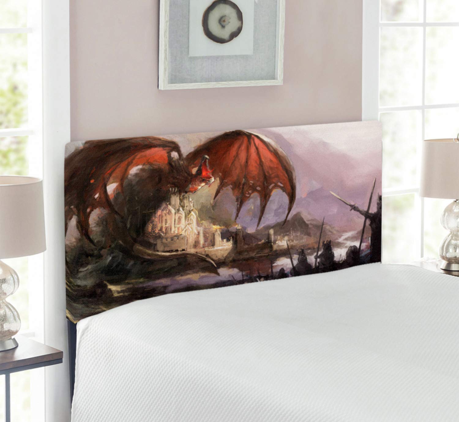 Medieval Fantasy Dragon Headboard - Dark Knights Castle Upholstered Metal Bed Frame with Memory Foam, Twin Size, Coral & Grey - Perfect for Gothic Bedroom Decor & Fantasy Themed Rooms