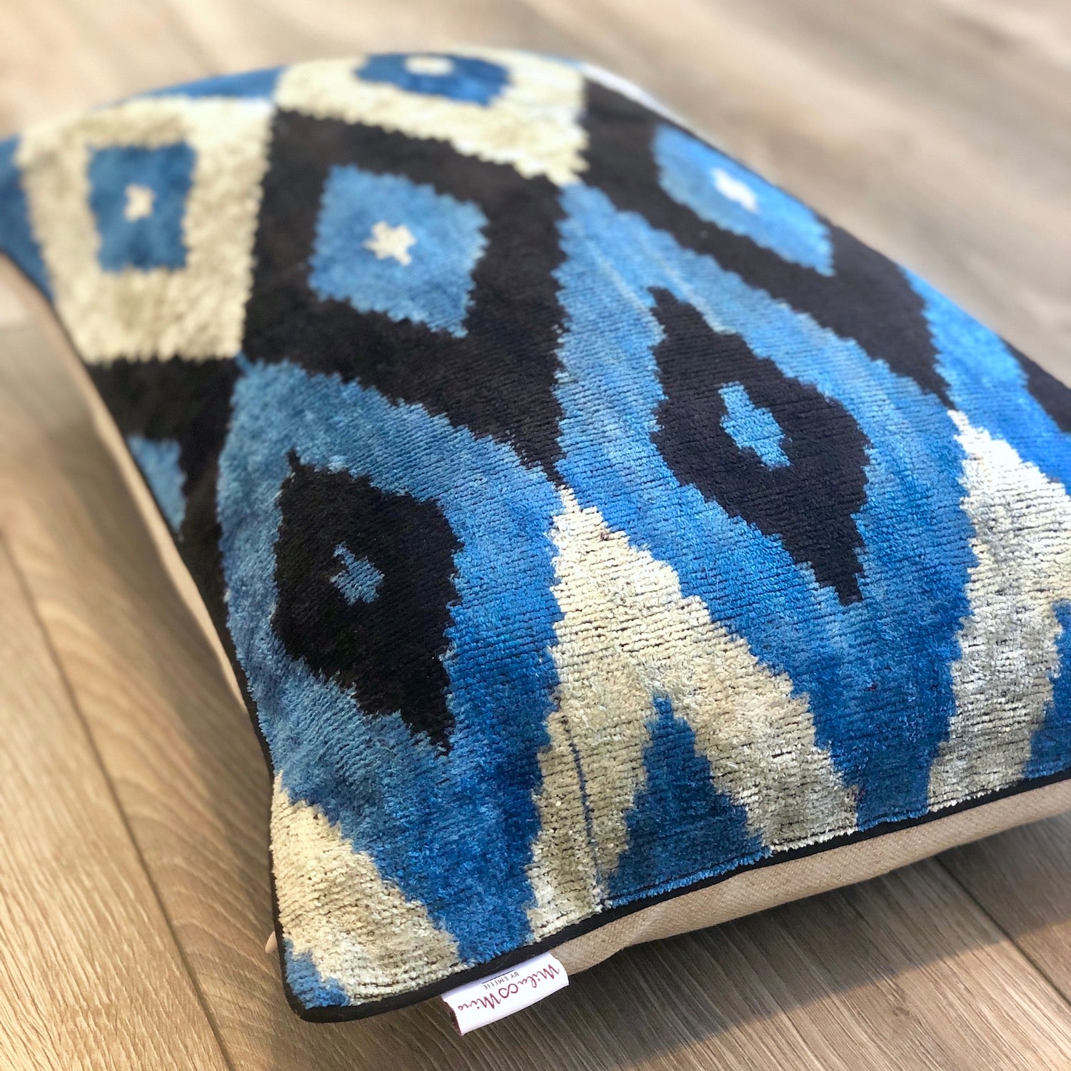 Luxury Velvet Ikat Cushion Cover - Blue Wave Design | Soft Decorative Throw Pillow for Sofa, Bed & Home Decor | Perfect for Living Room, Bedroom & Nursery