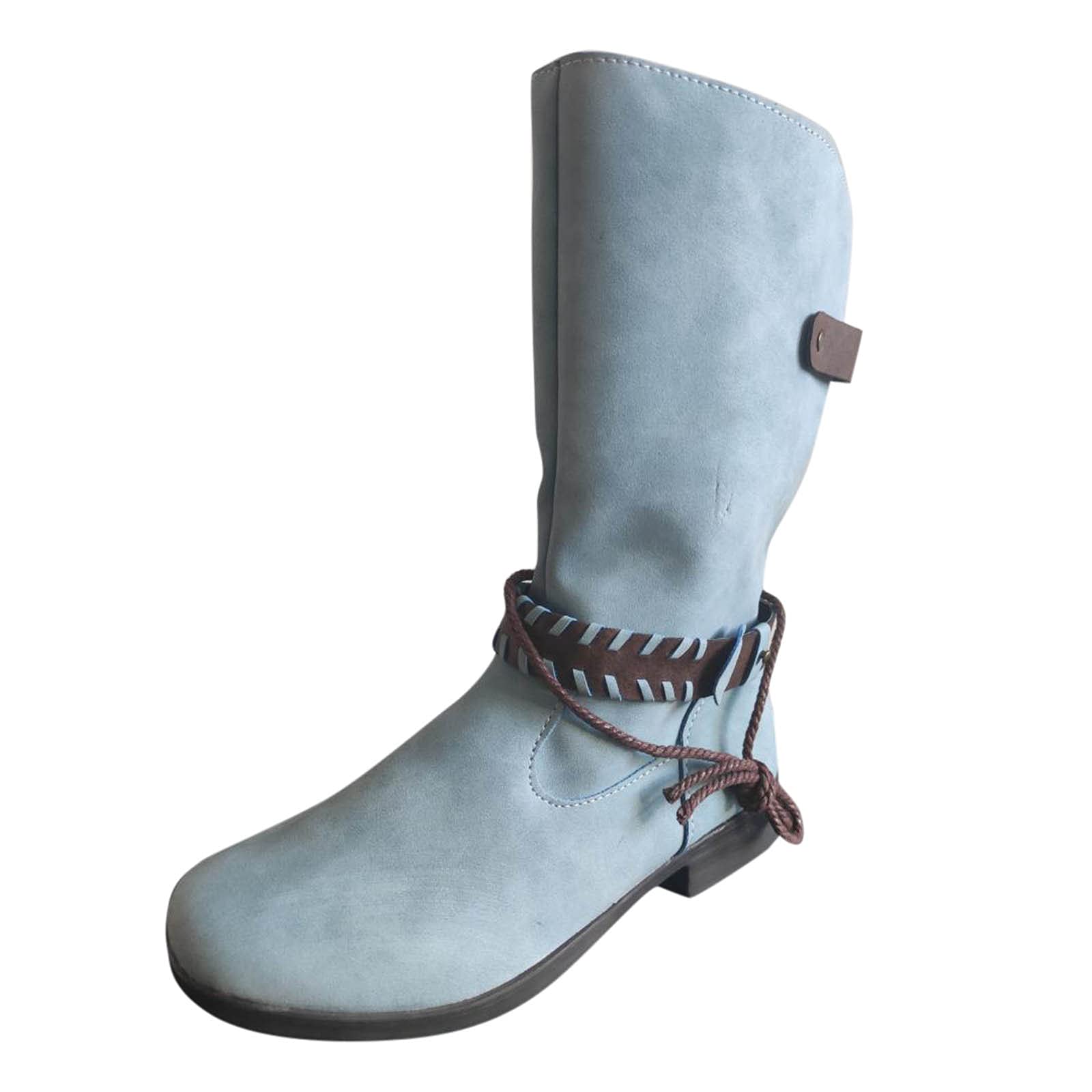 **Women's Mid Calf Cowboy Boots - Wide Calf Military Combat Boots with Distressed Pull-On Buckle & Zipper - Retro Low Heel Motorcycle Boots in Brown - Perfect for Riding, Outdoor Adventures & Casual Wear**