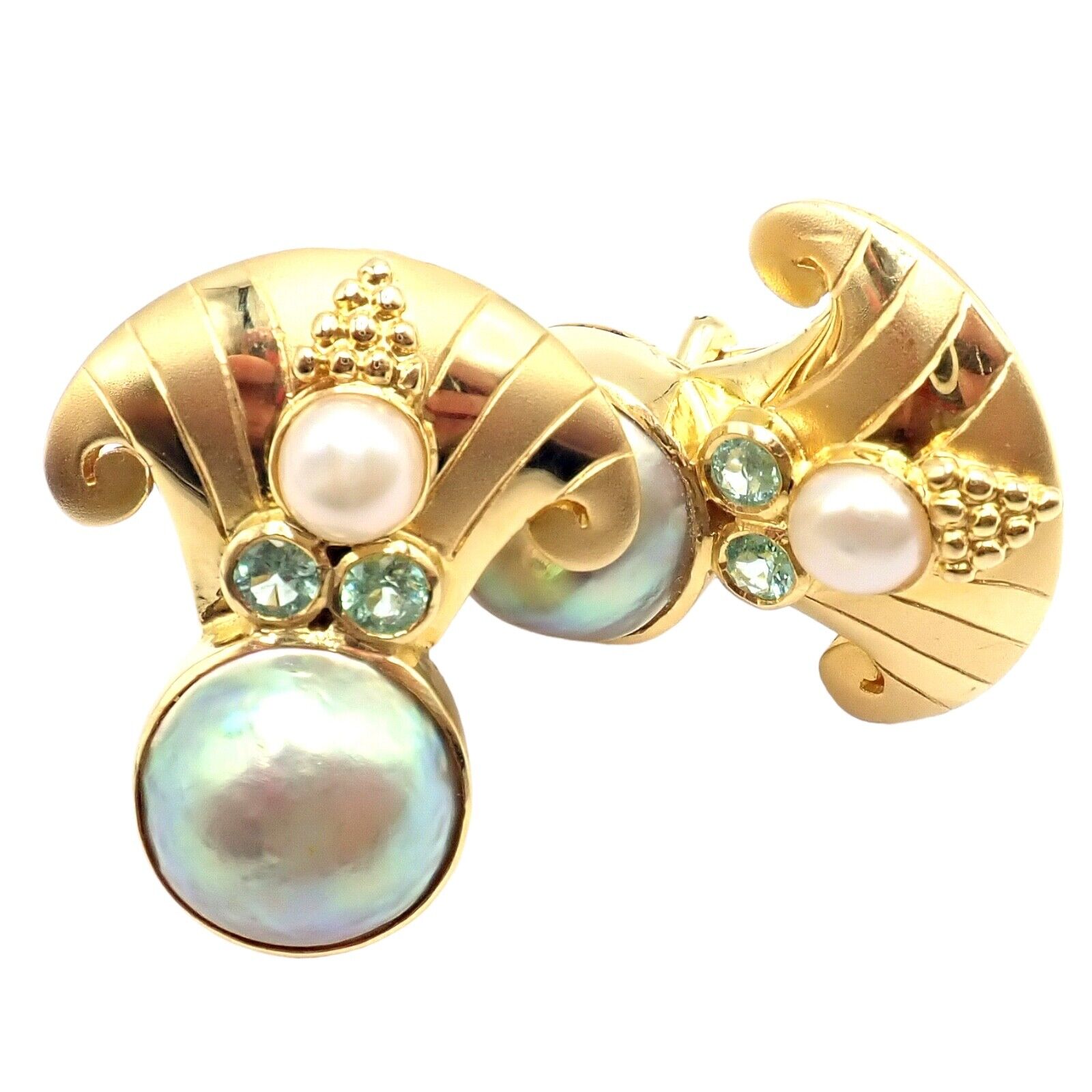 Exquisite Vintage Paula Crevoshay 18K Gold Abalone Pearl & Blue Gemstone Earrings - Unique Handmade Jewelry for Women - Perfect for Weddings, Anniversaries & Special Occasions