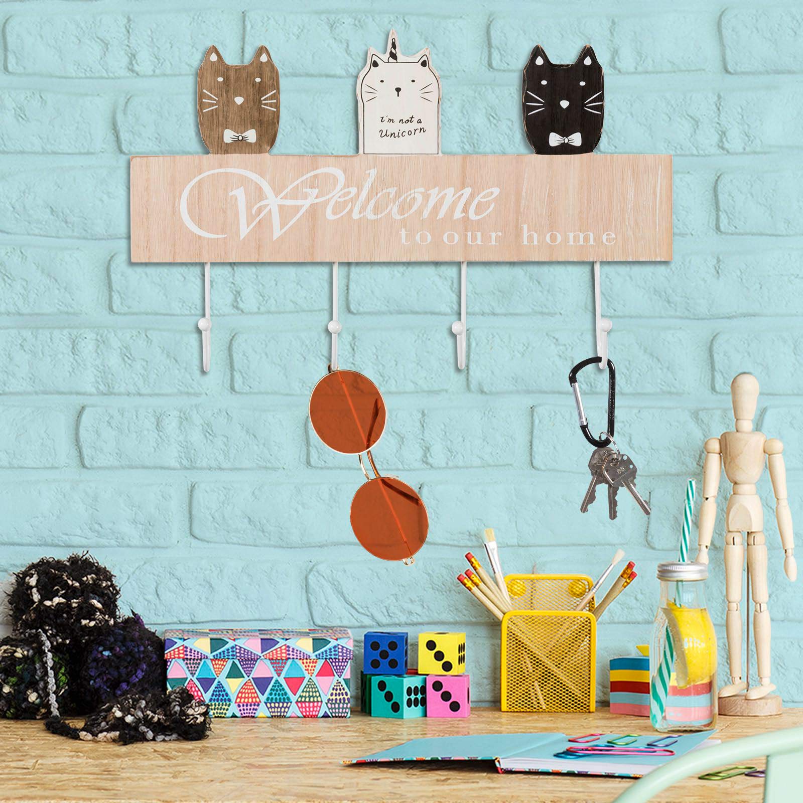 EXCELLO GLOBAL 16-inch Wall Mounted Cat Themed Coat Rack with 4 Hooks - Perfect for Entryway, Bedroom, or Pet Room Organization
