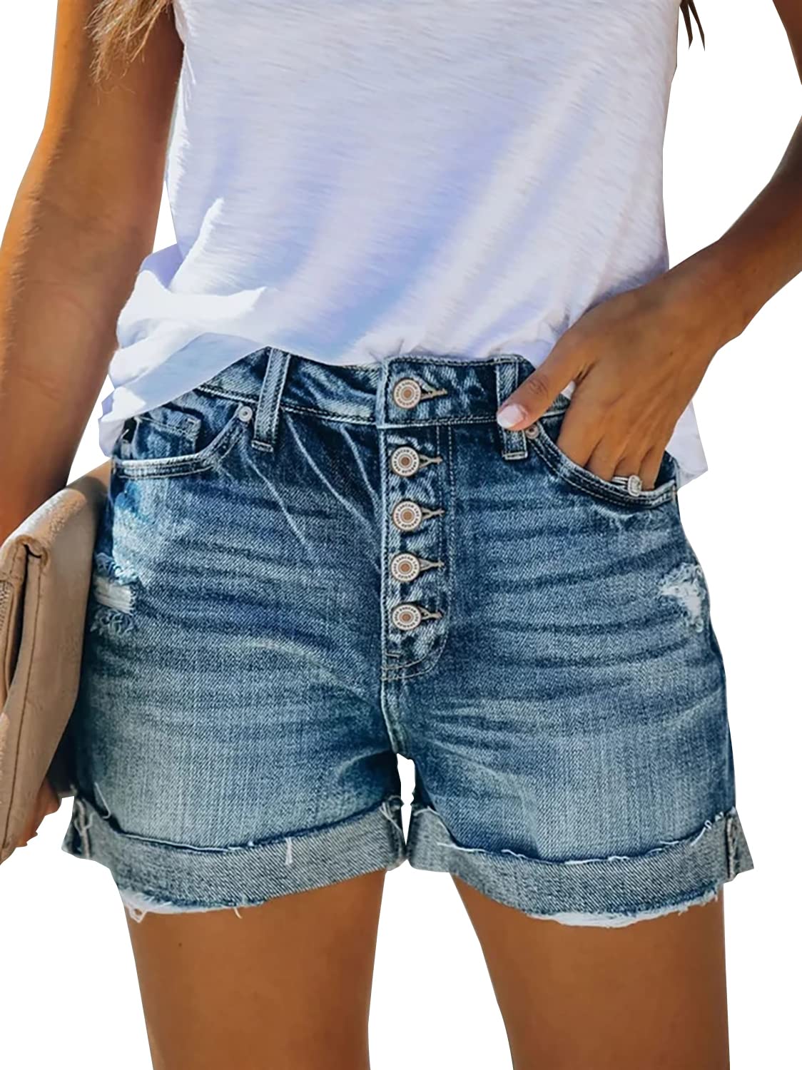CHICZONE Women's Mid-High Rise Ripped Jean Shorts - Distressed Stretchy Denim Shorts for Summer | Casual Wear, Beach Outfits, Street Style Fashion