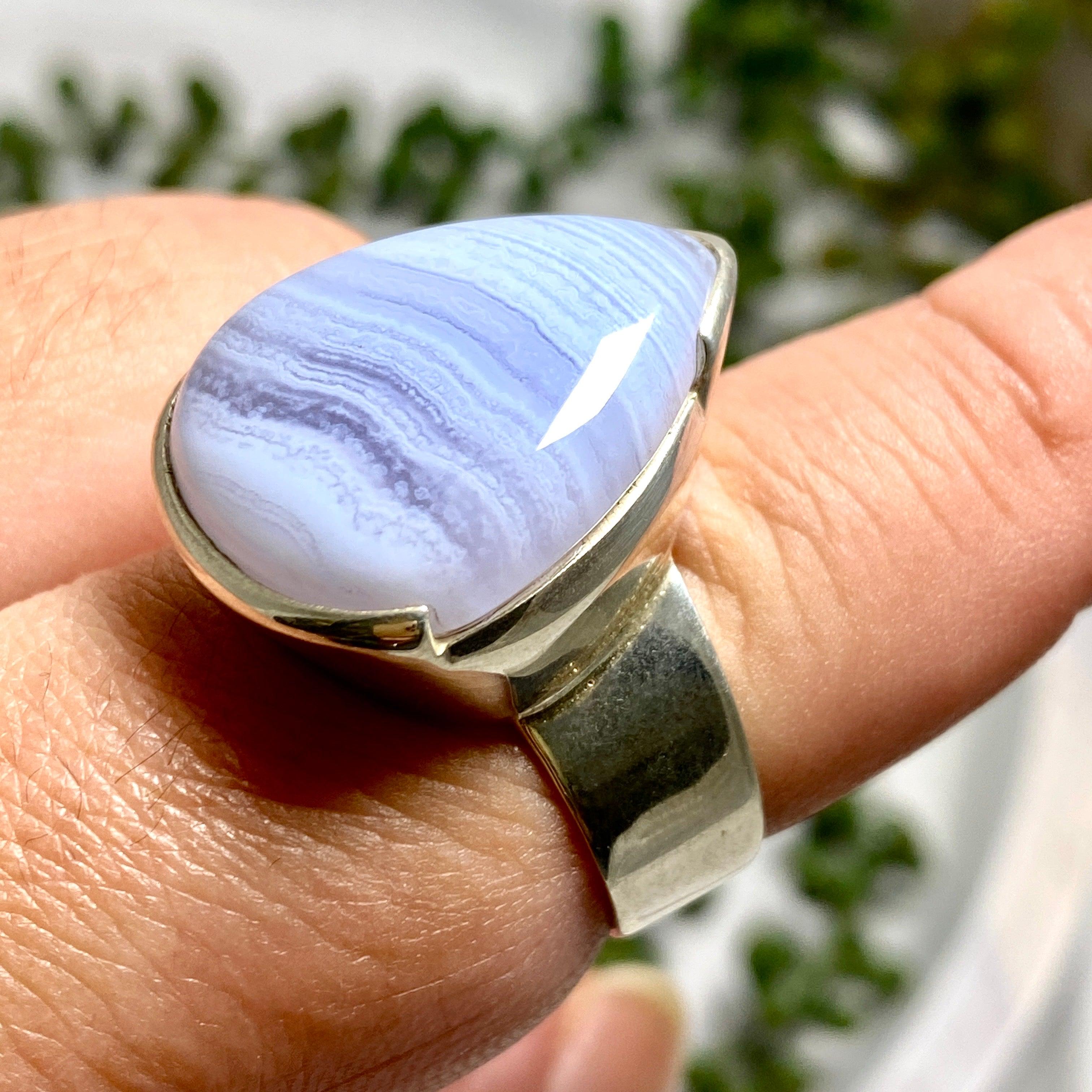 Blue Lace Agate Teardrop Cabochon Ring - Size 10 - KRGJ1898 - Elegant Handmade Jewelry for Women, Perfect for Weddings, Parties & Special Occasions