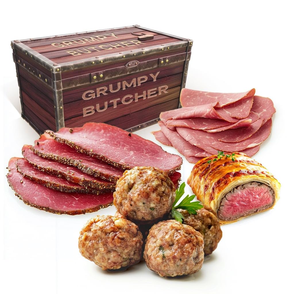 Premium Grumpy Butcher Holiday Gift Box - 12 Mini Beef Wellingtons, 20 Artisan Meatballs, 1 Pastrami & 1 Corned Beef - Gourmet Meat Gift Basket for Christmas, Birthday & Special Occasions - Perfect for Food Lovers, Corporate Gifts & Family Celebrations