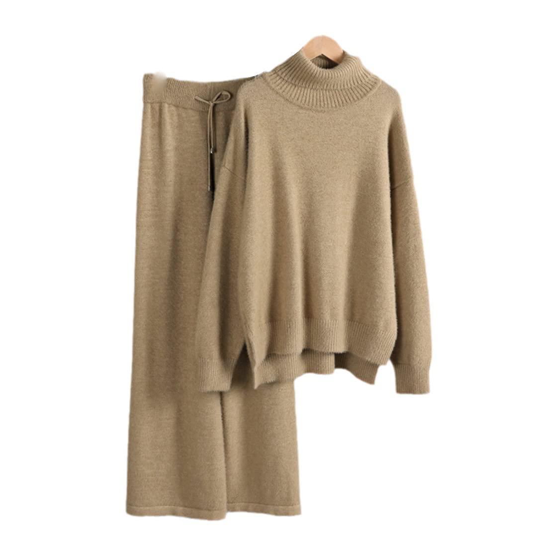 Luxury Cashmere Women's Wide Leg Pant Suits Set - Soft & Warm Turtleneck Sweater Tracksuit (2-Piece Outfit) for Office, Travel & Winter Fashion