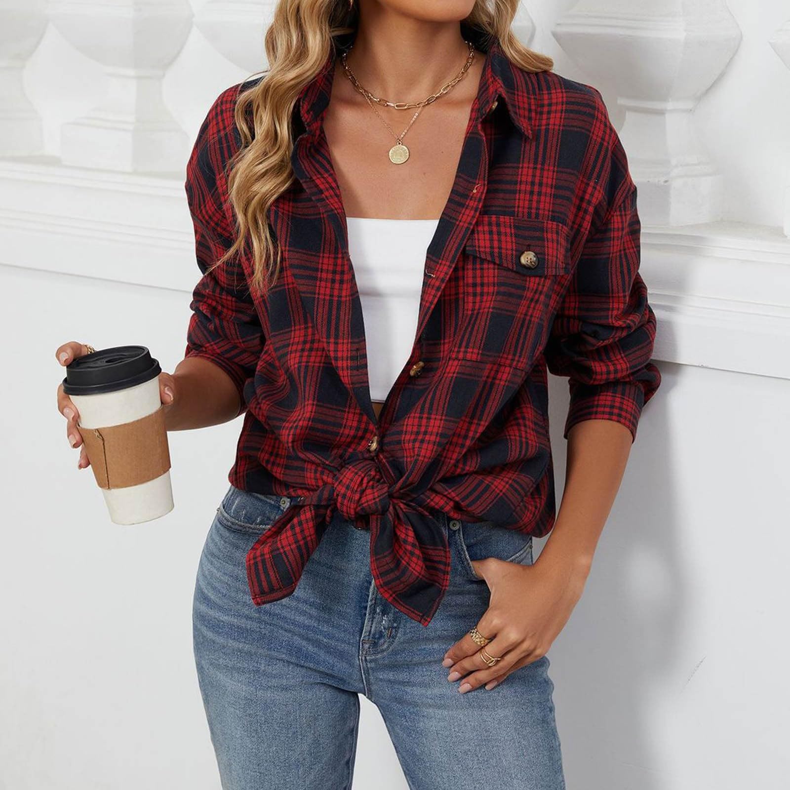 Women's Lightweight Long Sleeve Plaid Cardigan Sweater - Button Down Flannel Shirt with Pockets - Cozy Fall Layering Piece for Office, Casual Outings & Travel
